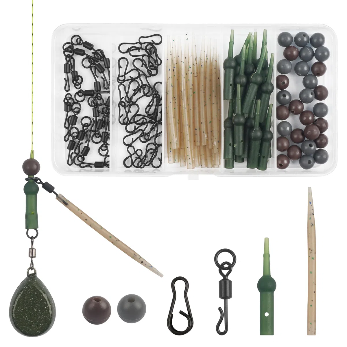 Lot de 120 accessoires pour hélicoptère de pêche à la carpe - Manchons anti-nœuds - Changement rapide - Clips et perles