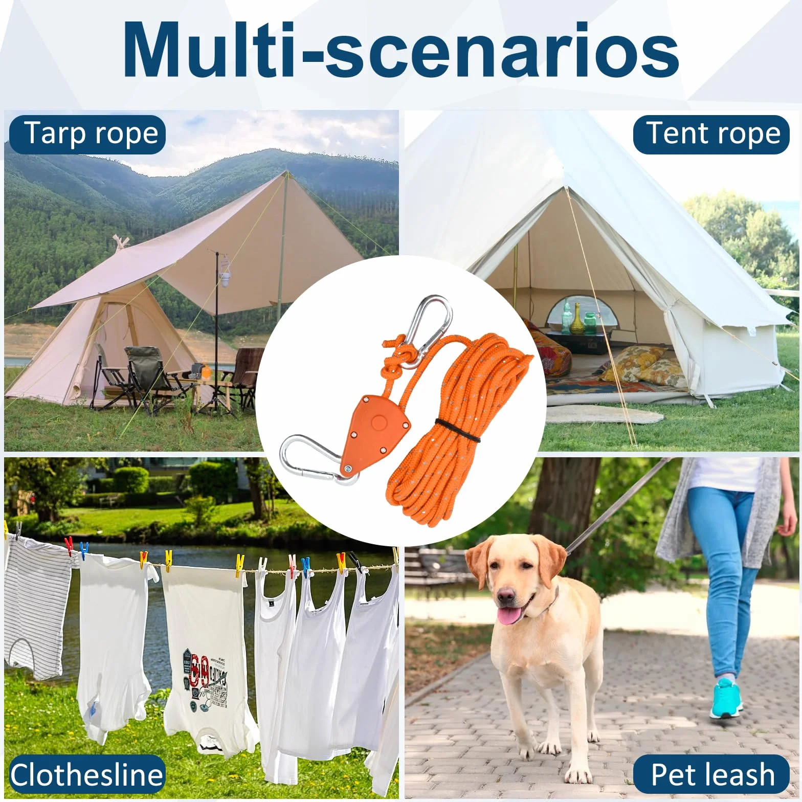 4 PCS Corde de Tente Réfléchissante, 6mm Cordon de Camping avec Poulie, Corde à Cliquet avec Crochet, Corde Nylon Escalade 5M, Tendeur de Corde a Linge Exterieur pour Randonnée, Auvent