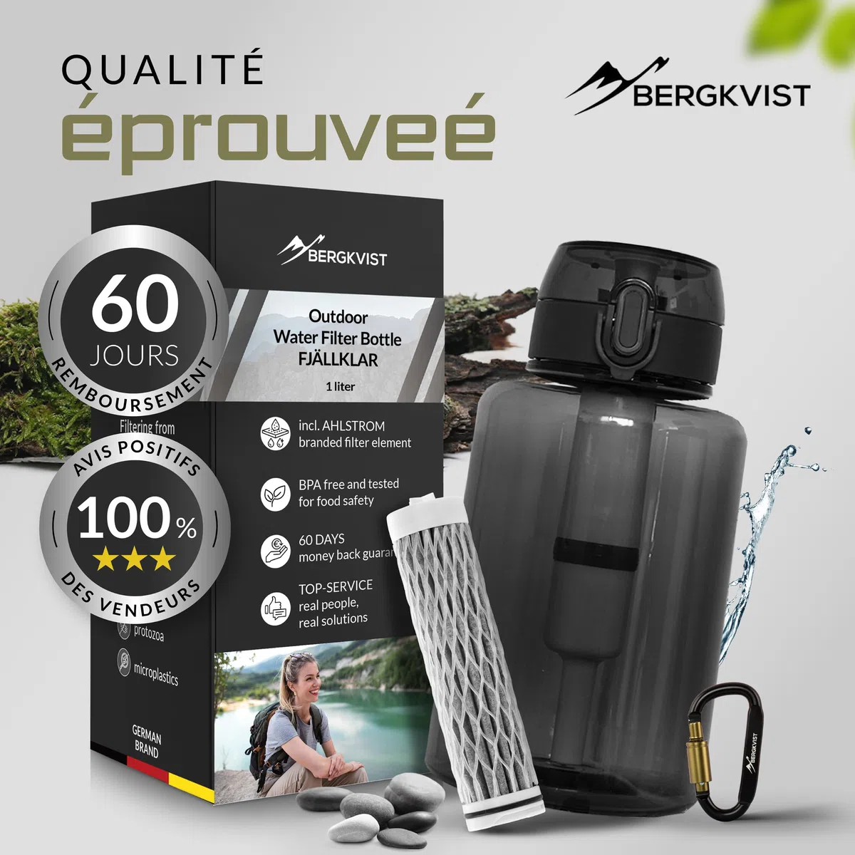 BERGKVIST® Outdoor Bouteille filtrante FJÄLLKLAR [1l], noir | Gourde d'un litre avec filtre d'AHLSTROM® pour de l'eau potable propre en camping, randonnée et aventures de survie