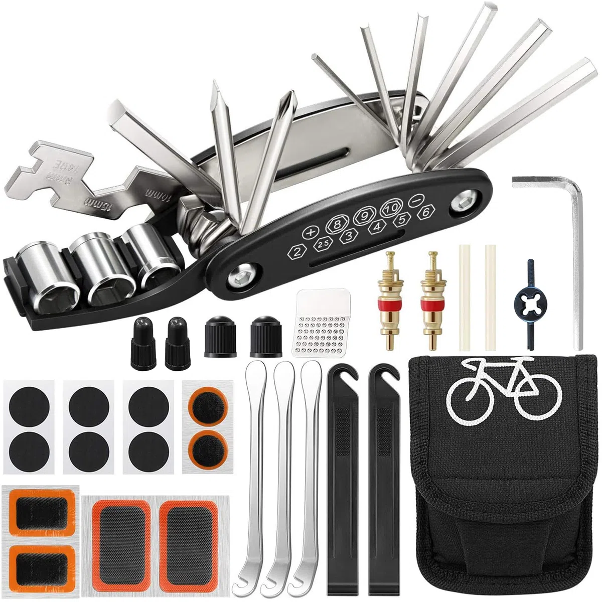 Kit Reparation Velo, 16 en 1 Kit Crevaison Velo, Trousse Multifonction Outils Pneu, Kit Velo Convient pour Une Utilisation Situations d'urgence Lors de Voyages Longue Distance