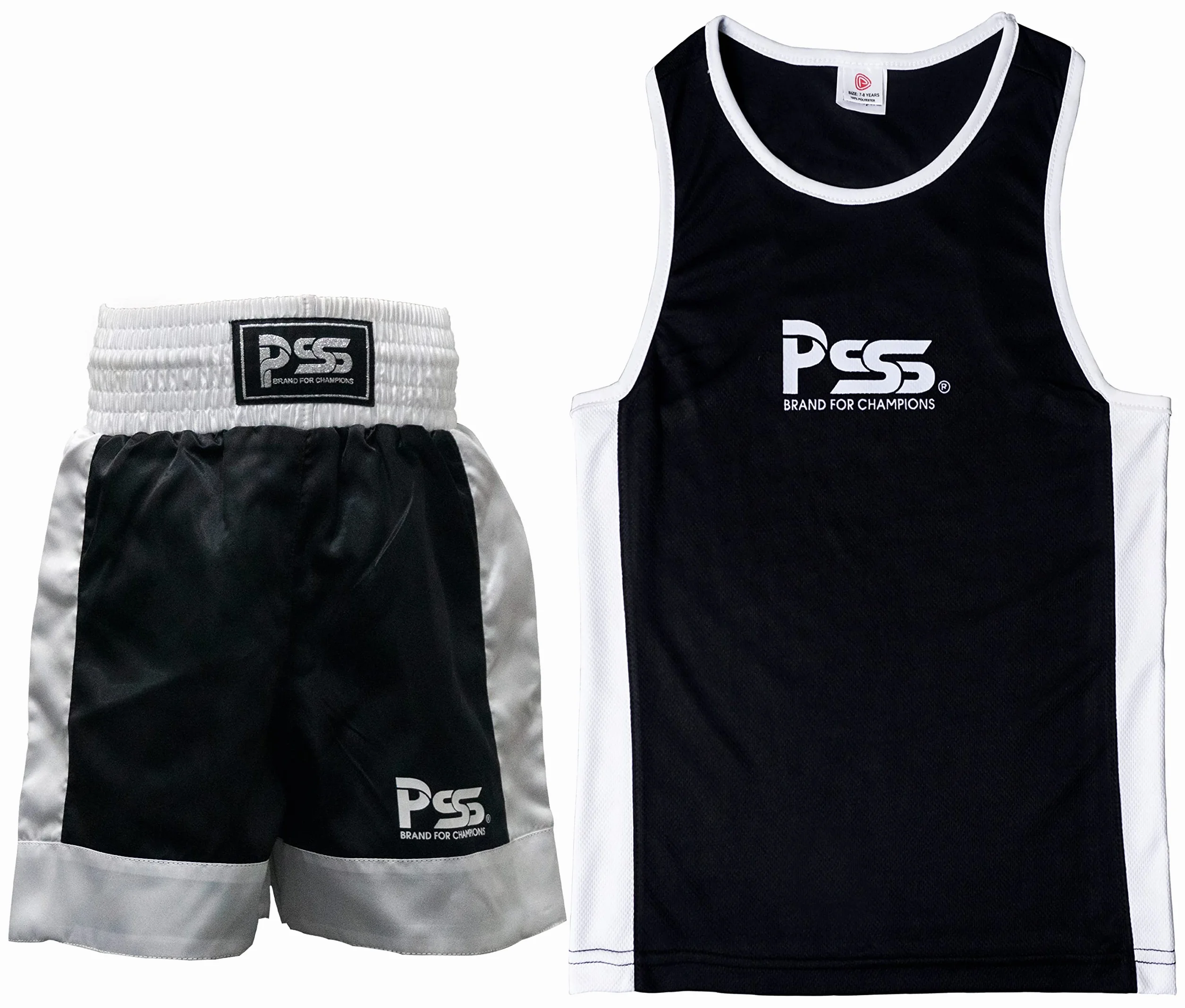 PSS Ensemble Boxe Enfants 3-14 Ans 6 Pièces Short & Débardeur + Gants Boxe Enfants 6Oz + 2 Pattes d’Ours + Accessoires Ensemble Boxe Enfant Muay Thai Kickboxing Boxe Anglaise Française Noir