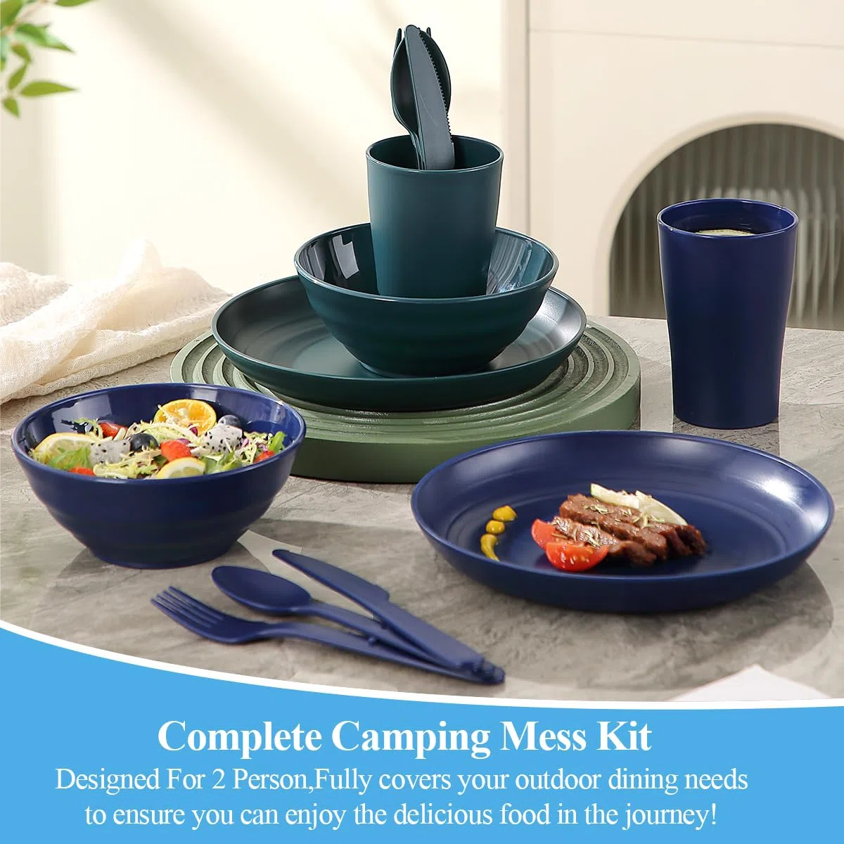 Ustensiles de Camping pour 2 avec Bol, Assiette, Tasse, cuillère, Fourchette, Couteau et Sac de Transport, Accessoires de Camping en Plastique Équipement Essentiel pour Voyage, Pique-