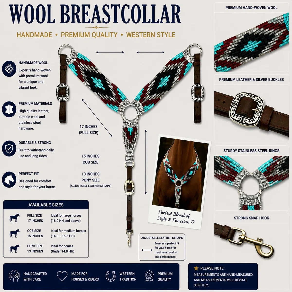 Cheval's International Collier de poitrine en mohair occidental fait à la main en laine pour accessoires d'équitation (Multicolore_Pony_Design2)