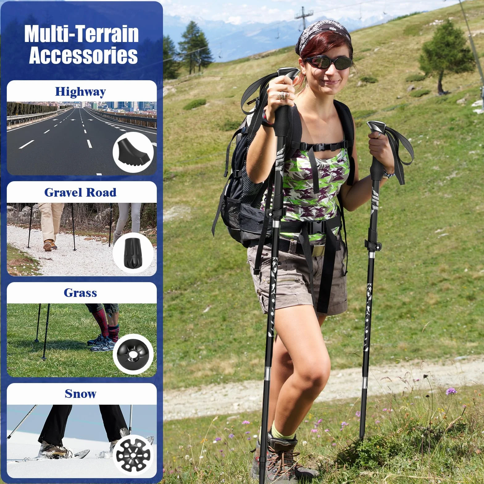 2 Pièces Baton de Marche Pliable, Bâtons de Randonnée en Alliage D'aluminium, Réglables 110-130cm, Baton de Marche Nordique avec 4 Paires de Tampons en Caoutchouc, pour Alpinisme, Trekking
