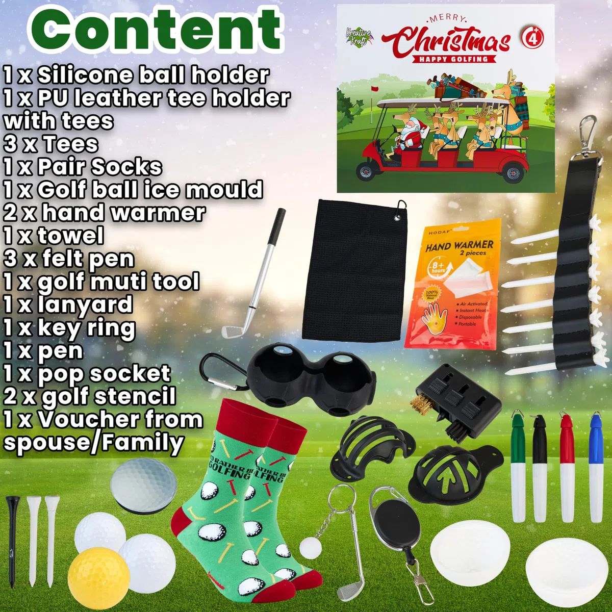 KreativeKraft Calendrier de l'Avent 2025 pour Golfeurs Calendrier Compte à Rebours Noel 24 Accessoires Golf Chaussettes Serviette Cadeau Homme