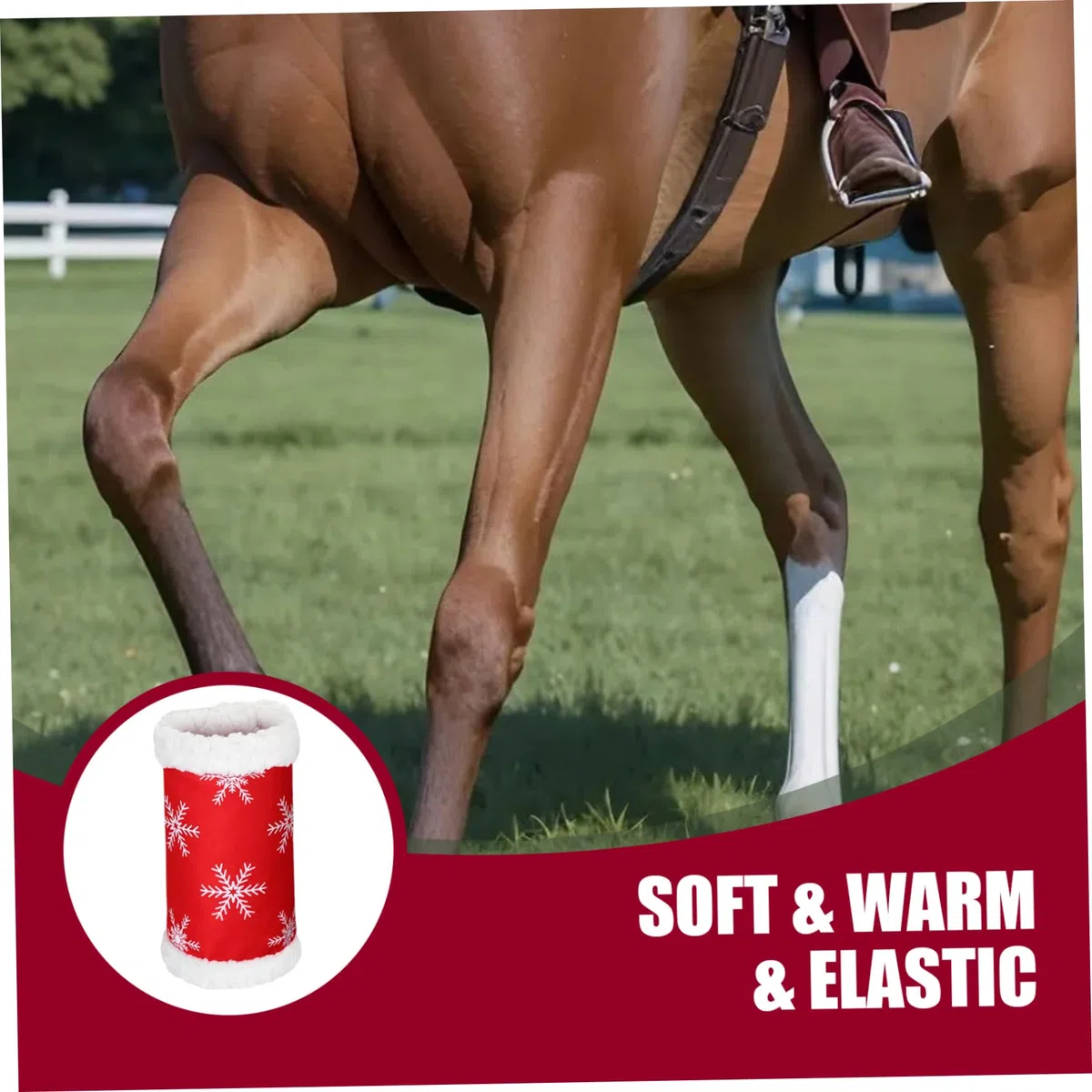 4pcs Horse jambe enveloppe de Noël sur le thème de la jambe de cheval rouge sur le thème de Noël enveloppe de la peluche épaisse douce enveloppe pour les chevaux avec du ruban de boucle et de hook