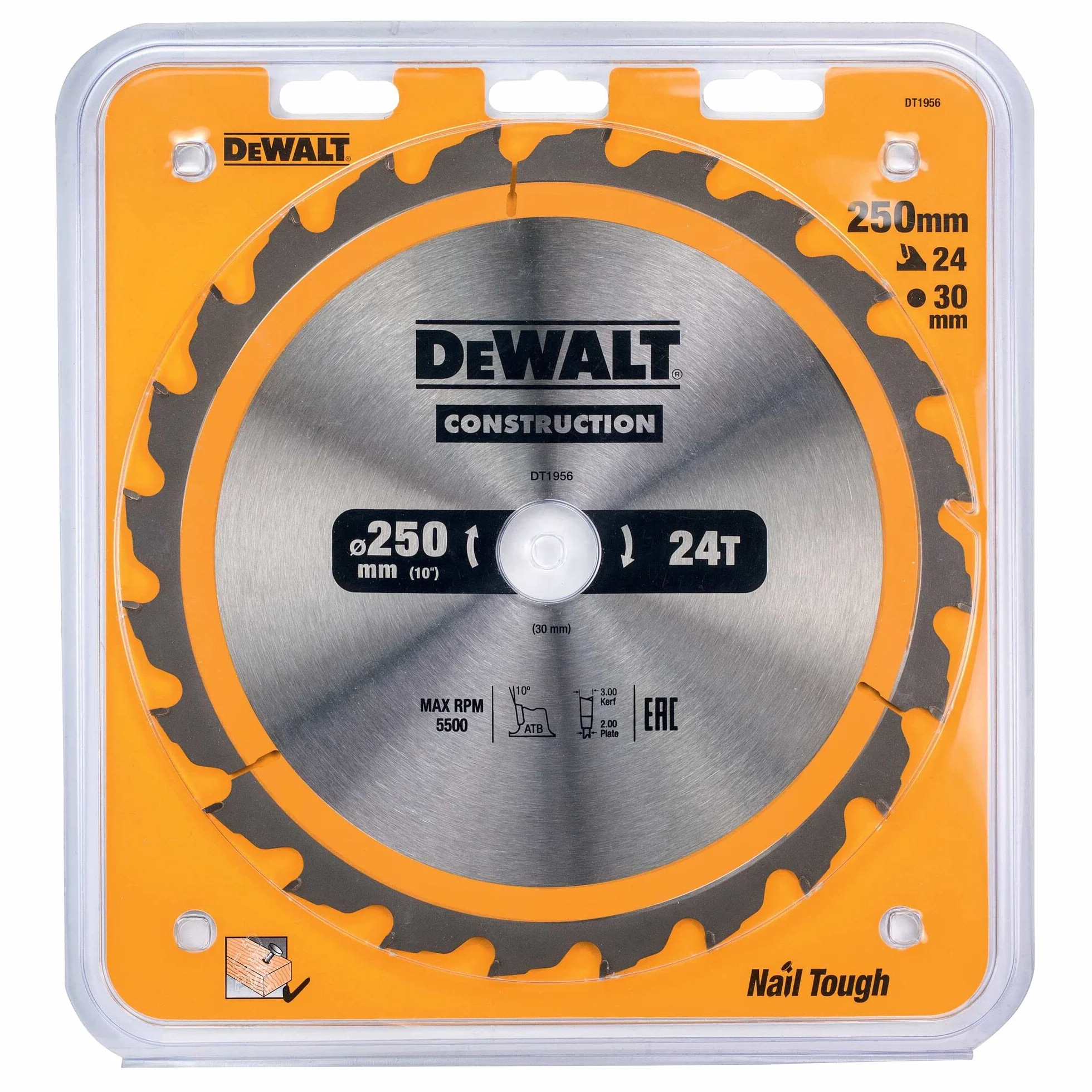 DEWALT Lame de Scie Circulaire Stationnaire - Disque Tranchant 24 Dents 250x30mm - Outillage Résistant aux Clous et Durable - Spécial Construction et Utilisation Professionnelle, DT1956-QZ