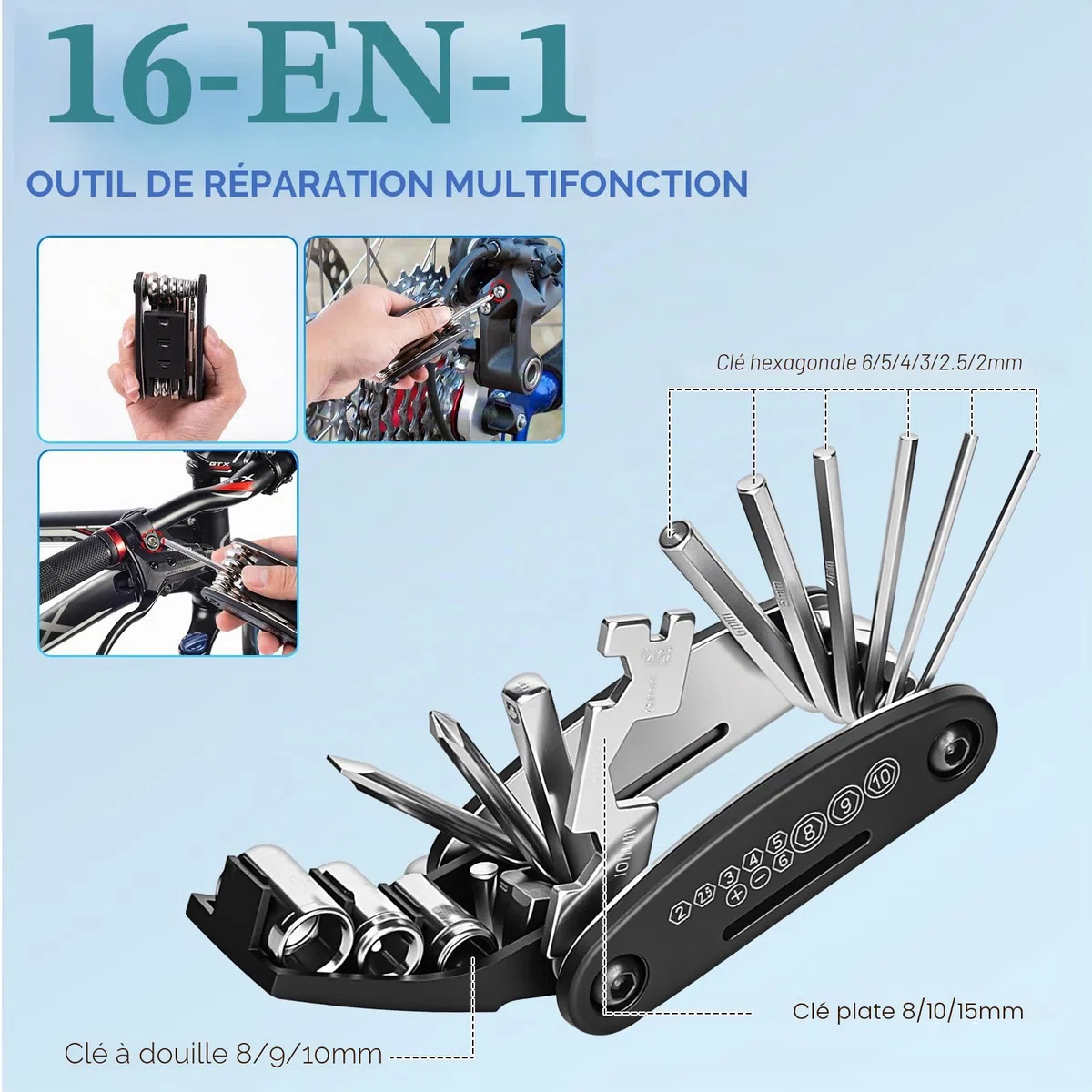 Kit de réparation vélo 34 pièces, Kit Crevaison Velo, ensemble d'outils multifonctions 16 en 1 avec housse étanche, mini-pompe comprenant tous les accessoires nécessaires pour le vélo.