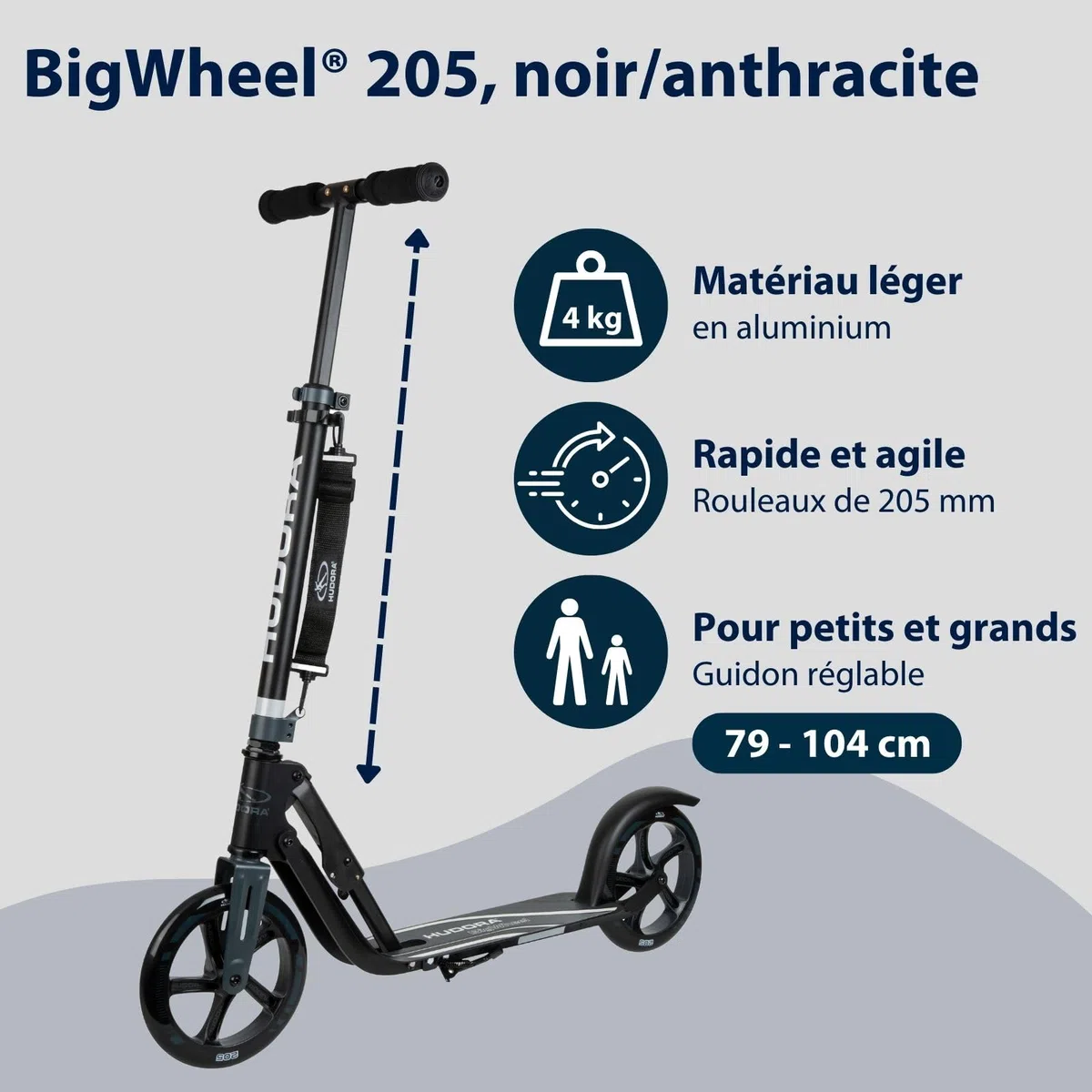 HUDORA BigWheel 205 Scooter - Trottinette Stable en Aluminium - Trottinette de Ville Ajustable en Hauteur & Pliable avec béquille - Trottinette Sportive pour Enfants & Adultes jusqu'à 100kg