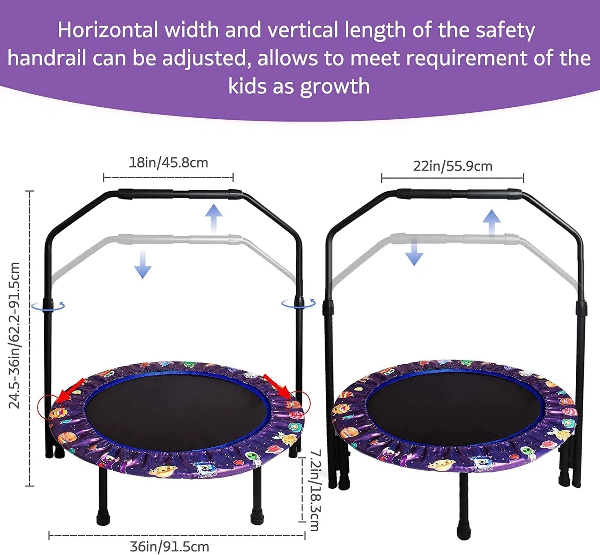 Trampoline Enfant Ø92cm, Pliable Mini Trampoline avec Poignée Réglable & Rembourrage de Sécurité,Petit Trampoline intérieur Enfants, Intérieur et Extérieur pour garçons et Filles
