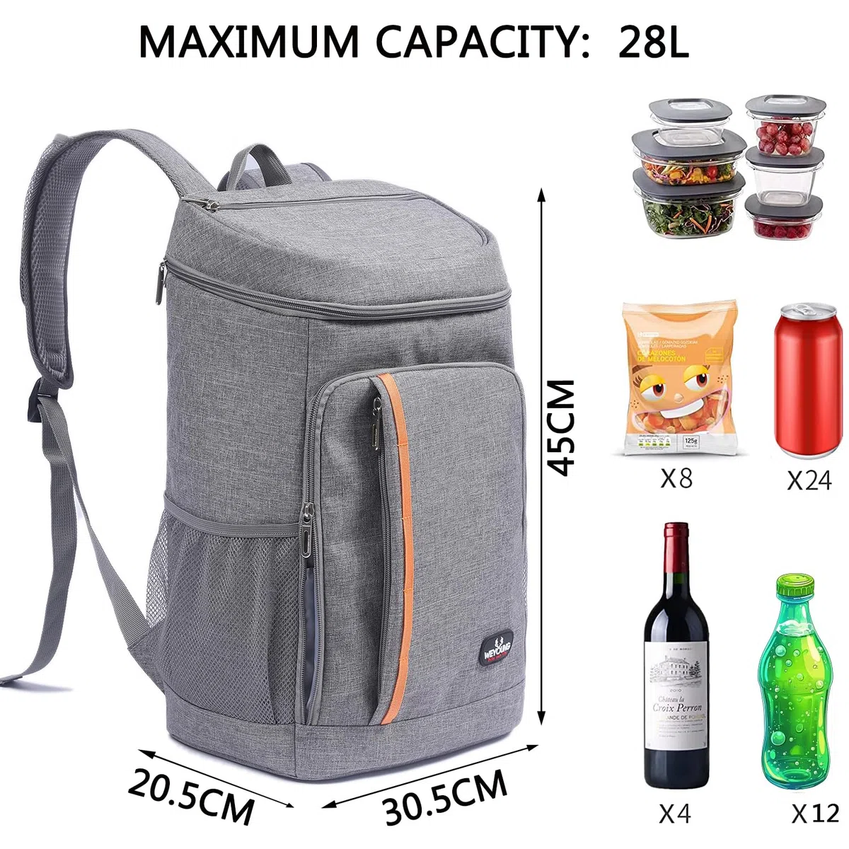28L Sac à Dos Isotherme à Glacière, Sac Isotherme Portable Cooler Backpack Bag, pour Hommes Femmes pour Déjeuner Plage Camping BBQ Travail Ecole Pique-Nique, Gris