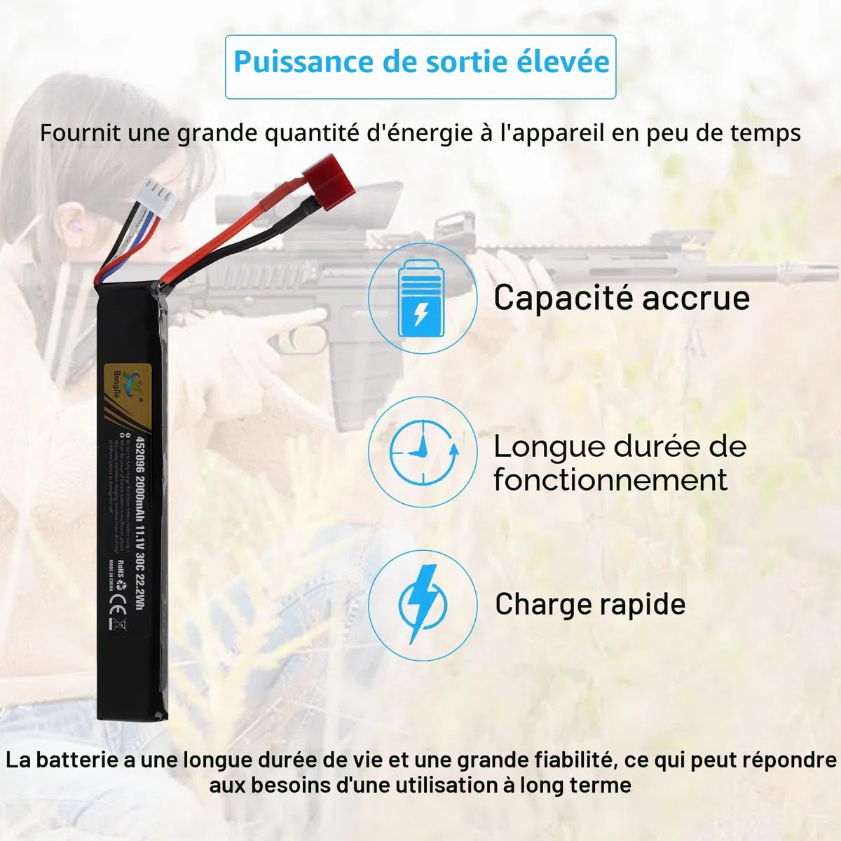 11.1V 2000mAh 22.2Wh Batterie LiPo Rechargeable 3S 30C, bâton de Batterie Compatible avec Le connecteur Deans T pour Fusil Airsoft Airgun Guns Model