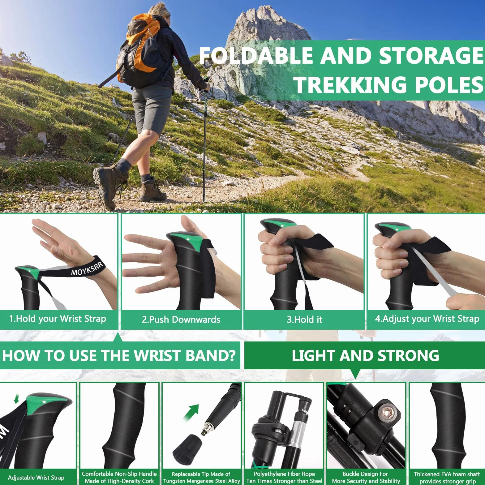 MOYKSRR Bâtons de Randonnée, 2 PCS Baton de Marche Pliable, Antidérapant Ultraléger Bâton de Marche Télescopique Retractable avec 5 Paires de Tampons en Caoutchouc pour Le Conditionnement du Trekking