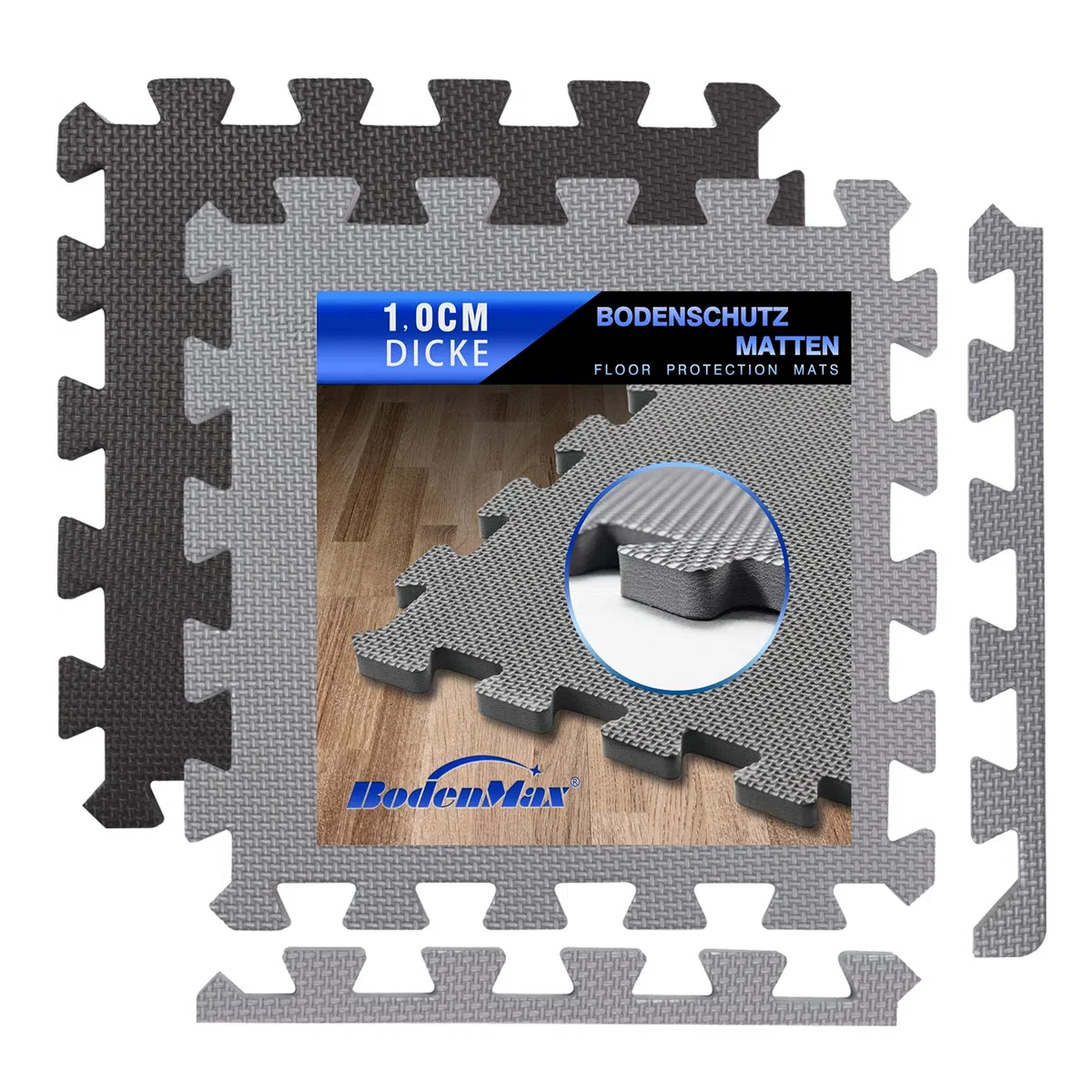 Tapis Puzzle EVA – Tapis de Sol Sport Anti Bruit & Antidérapant – Dalles Clipsables 30x30x1cm | 18 pièces + Bordures | Protection Sol Fitness, Garage, Maison | Gris | 1,66m²