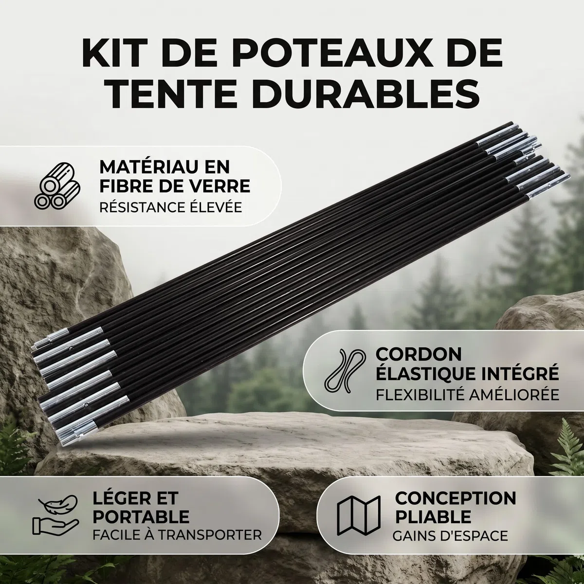 Poteaux de Tente en Fibre Verre, Arceau de Tente Mât de Bâche, Poteau de Support de Tente, pour tiges de Support Kit de Cadres d'auvent, 2 Ensembles x 7 Sections de poteaux de Tente