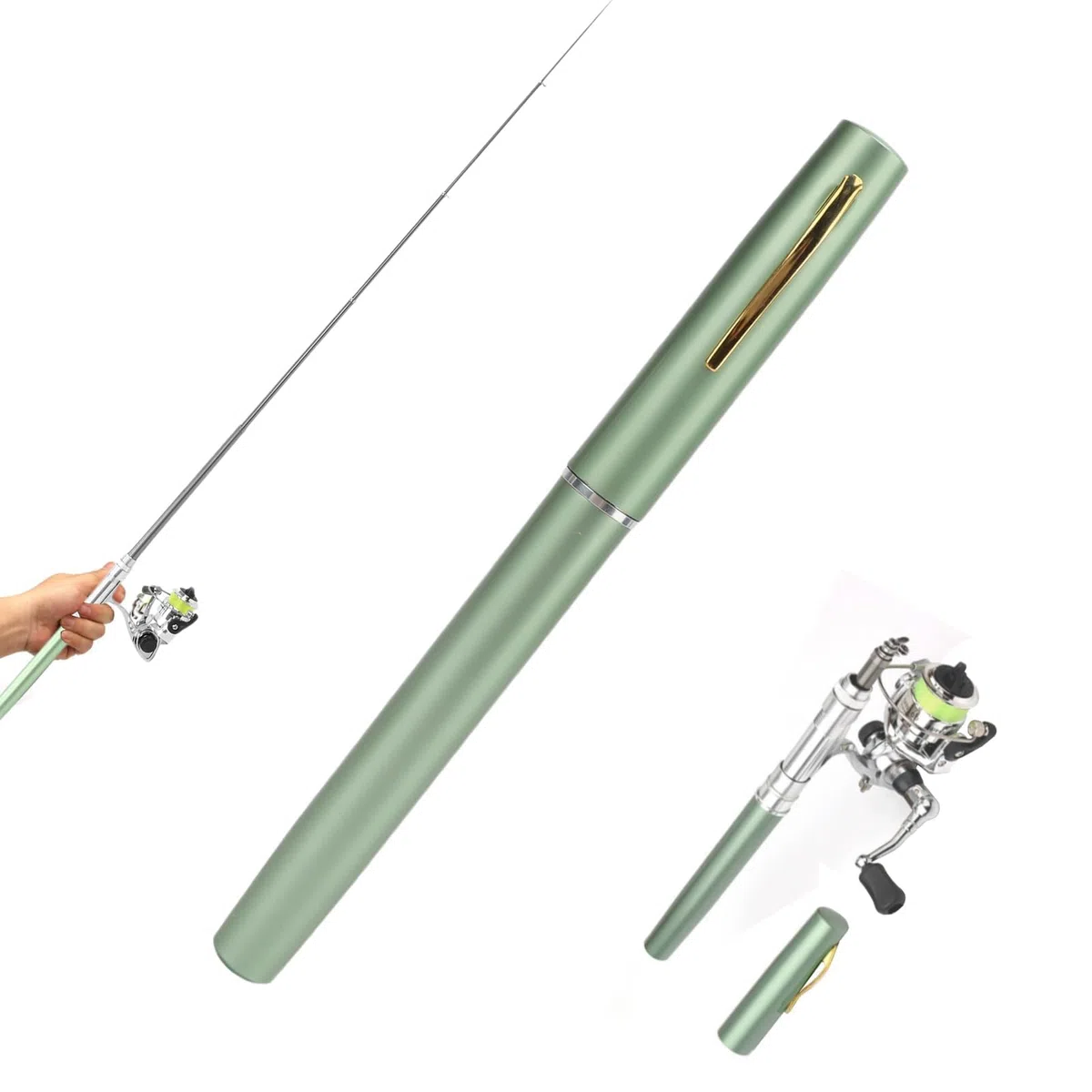 Mini canne à pêche en forme de stylo et moulinet, canne à pêche rétractable portable en forme de stylo avec roue à moulinet pour la pêche (vert)