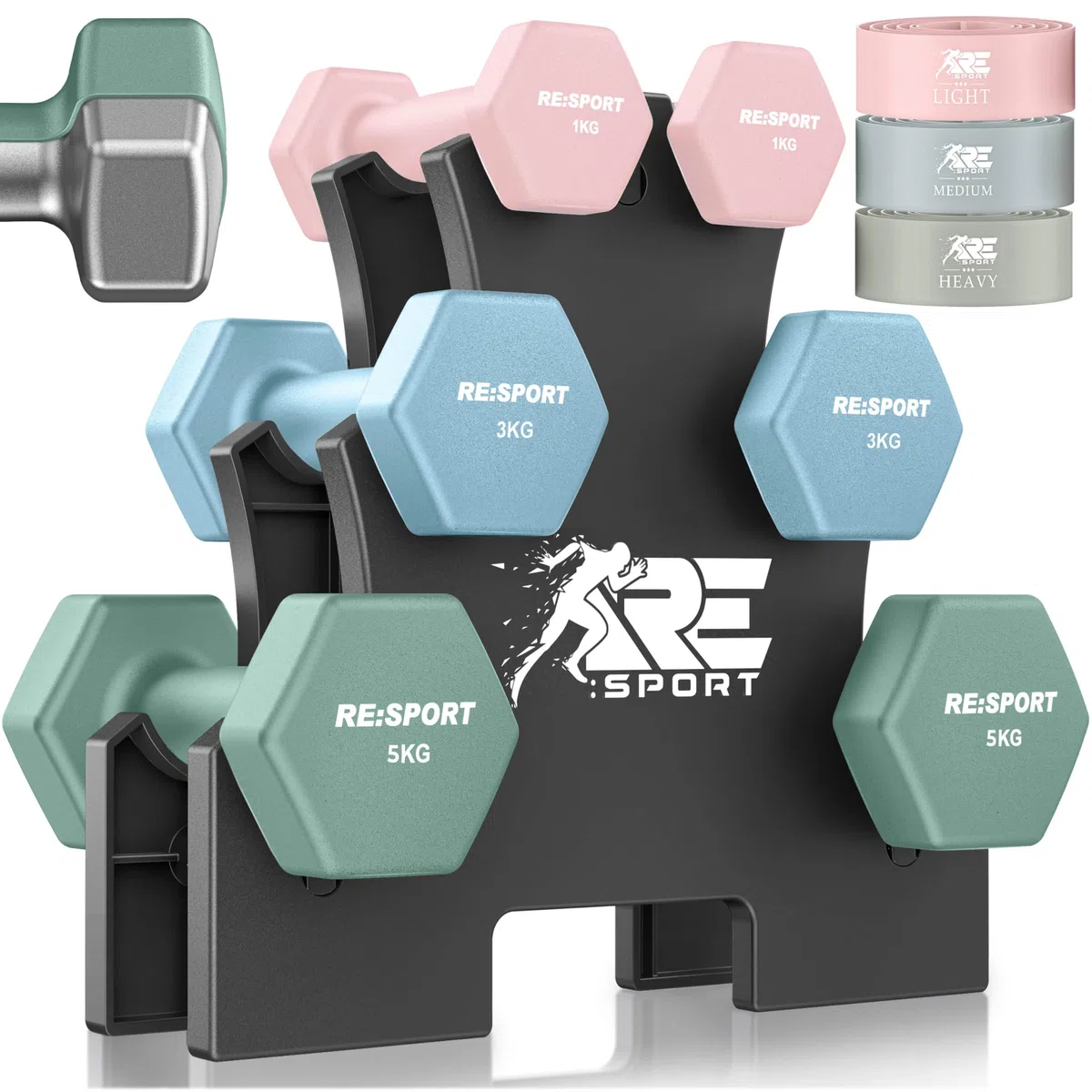 RE:SPORT® Lot de 3 paires d'haltères, 1 kg - 5 kg, 12 kg ou 18 kg - Avec support et 3 bandes de fitness - En néoprène antidérapant - Pour homme et femme