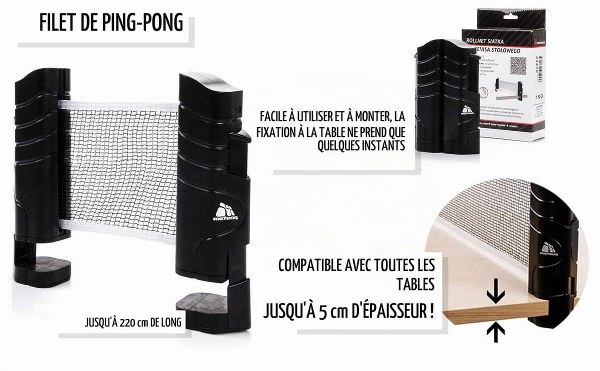 meteor Filet de Tennis de Table Rétractable Rollnet Ping Pong Portable avec Pince à Ressort pour Table Maison Bureau et Jardin