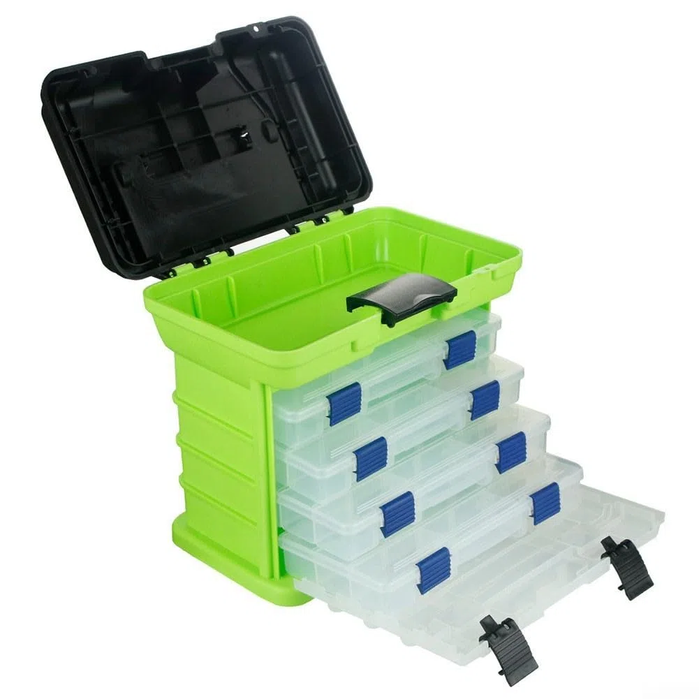 Boîte de rangement pour équipement de pêche à 4 couches avec poignée pliable pour la portabilité et l'assise, boucles de sécurité verrouillables, et grande capacité adaptée aux moulinets, lignes et