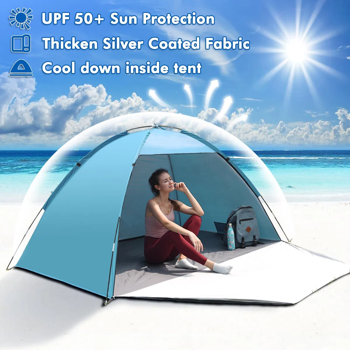 Tente de Plage pour 1-3 Personnes, Tente de Plage Anti UV, Abris de Plage Tente de Camping Poids Léger, Facile à Installer et Portable, pour Camping, Pêche, Pique-Nique, Jardin