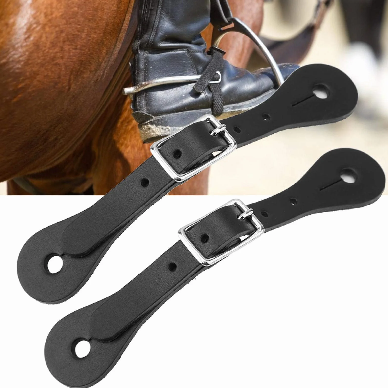 Wosune Sangle d'éperon de Cheval, Sangle de Cheval Accessoires d'équitation Leatherw 1 Paire pour Ceinture d'équitation pour Ceinture en Cuir Noir pour Accessoire de Cheval(Black)