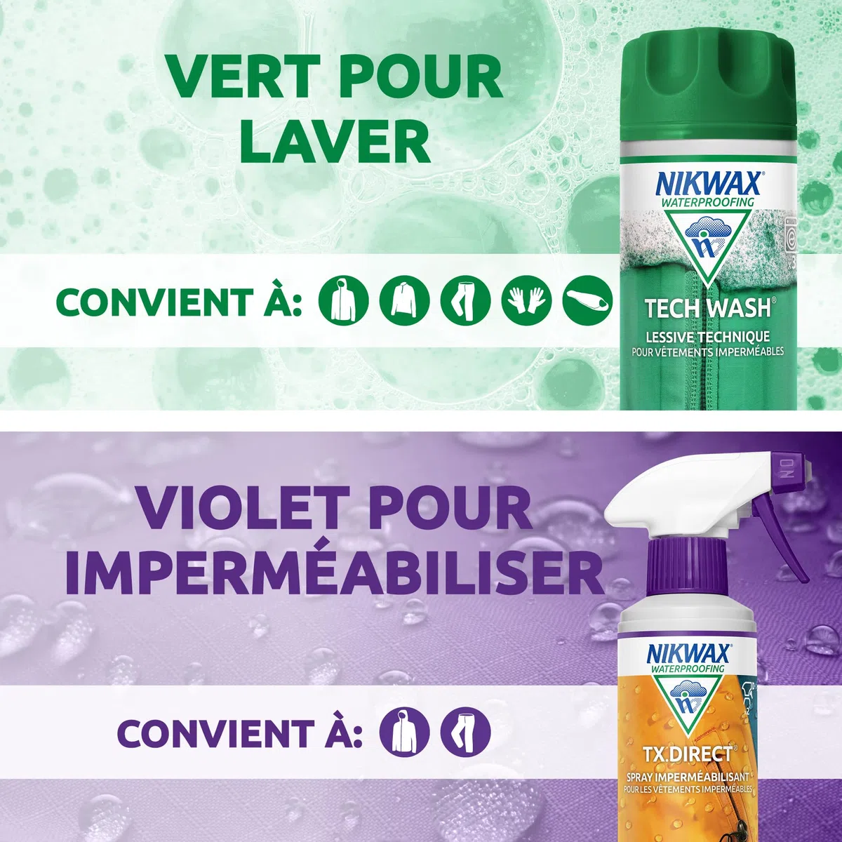 Nikwax Lessive Tech Wash 300ml + Imperméabilisant Spray TX.Direct 300ml, nettoie efficacement, restaure la déperlance et la respirabilité des vêtements de Pluie