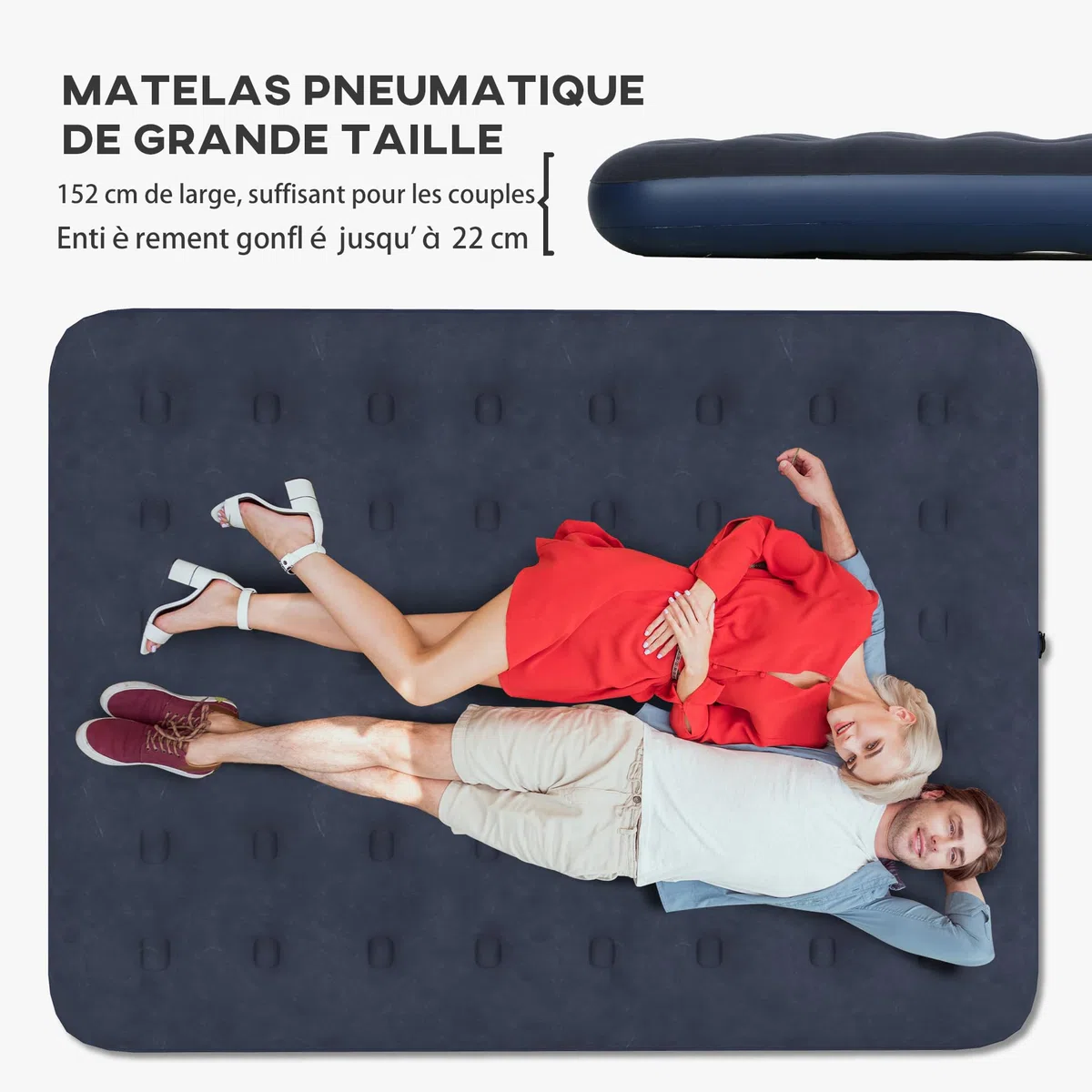 Outsunny Matelas Gonflable 2 Personnes Matelas pneumatique avec Pompe à Main intégrée, Surface floquée, pour Camping, Voyage - 203L x 152l x 22H cm, Bleu
