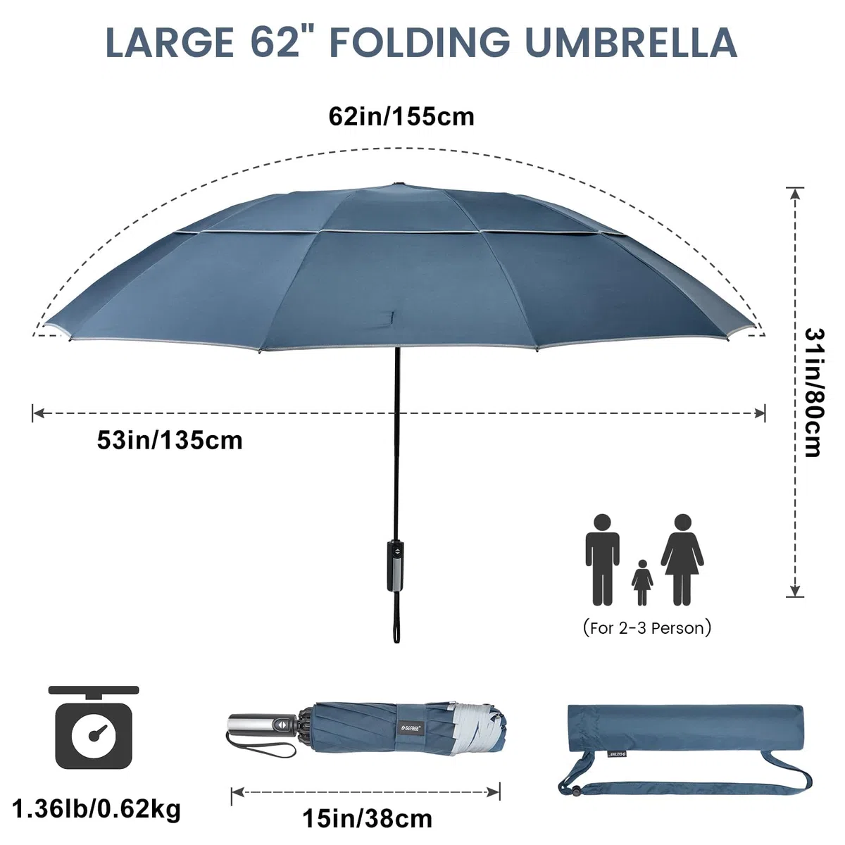 G4Free Parapluie pliable de 157,5 cm avec bande réfléchissante à 10 baleines, grand parapluie de golf de voyage, parapluie inversé, coupe-vent, double auvent à ouverture automatique
