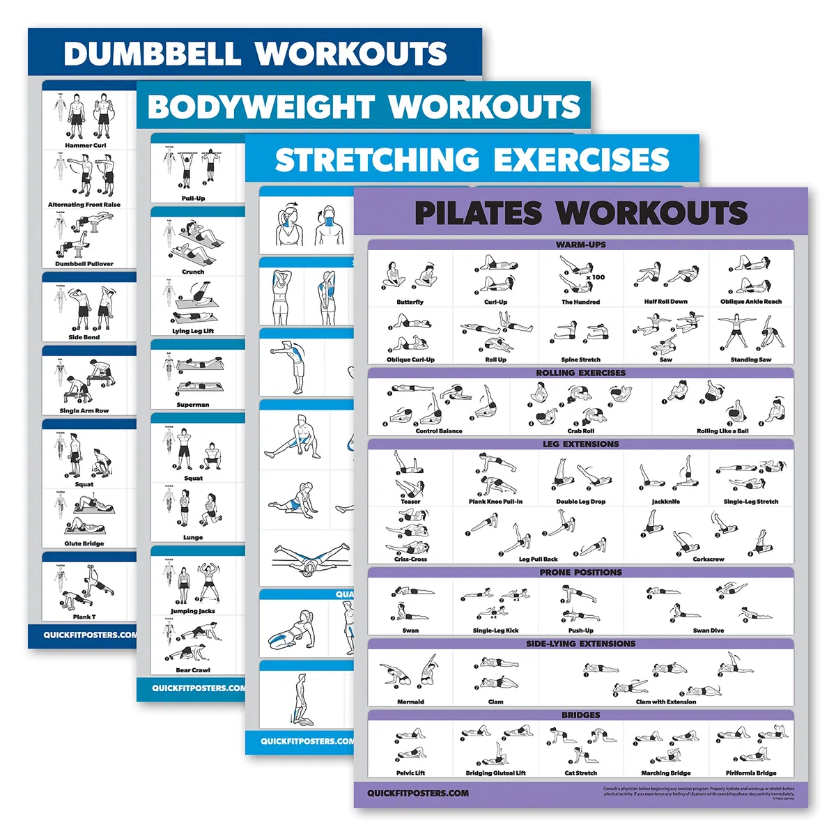Palace Learning Lot de 4 tableaux d'entraînement avec haltères + exercices d'étirement + pilates (45,7 x 61 cm, laminé)