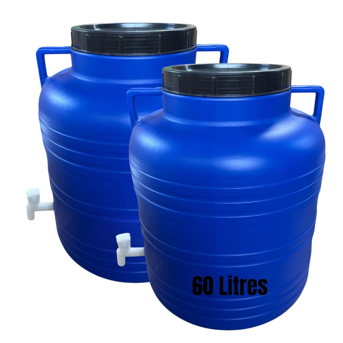 Jordan & Jordan — Lot de 2 x Fût Plastique Alimentaire 60L PEHD — Couvercle à Visser + Robinet de Sortie — Fermentation, Eau, Huiles — Certifié Alimentaire sans BPA