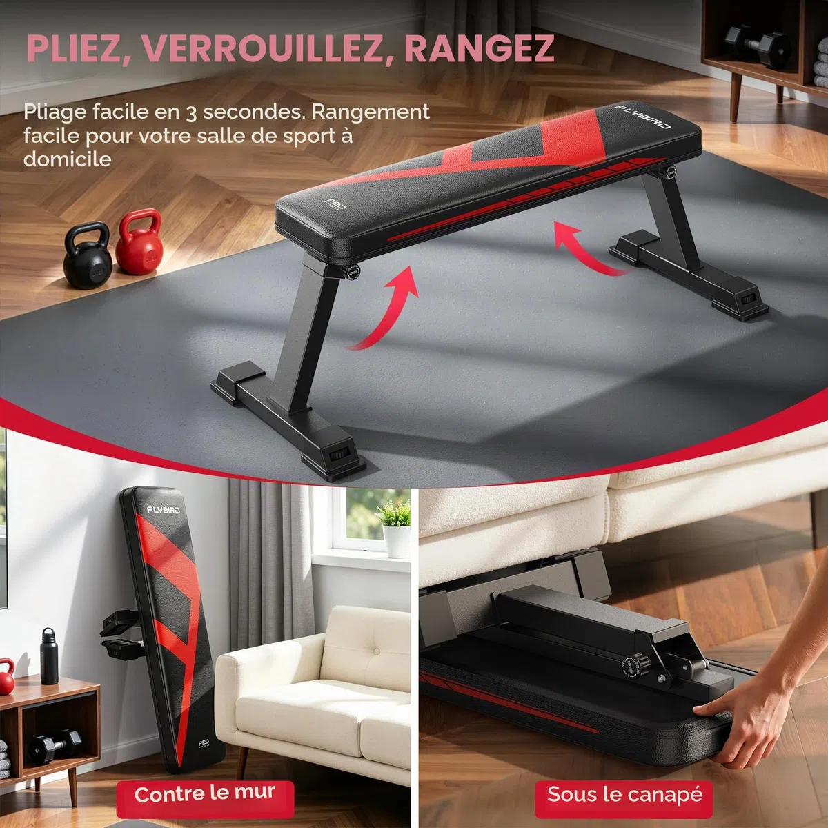 FLYBIRD Banc Plat, Banc Plat Pliable pour Haltères, Stable pour Tous Types d’Entraînement enForce & Développé Couché, Facile à Assembler pour Domicile, 300kg Capacité Max