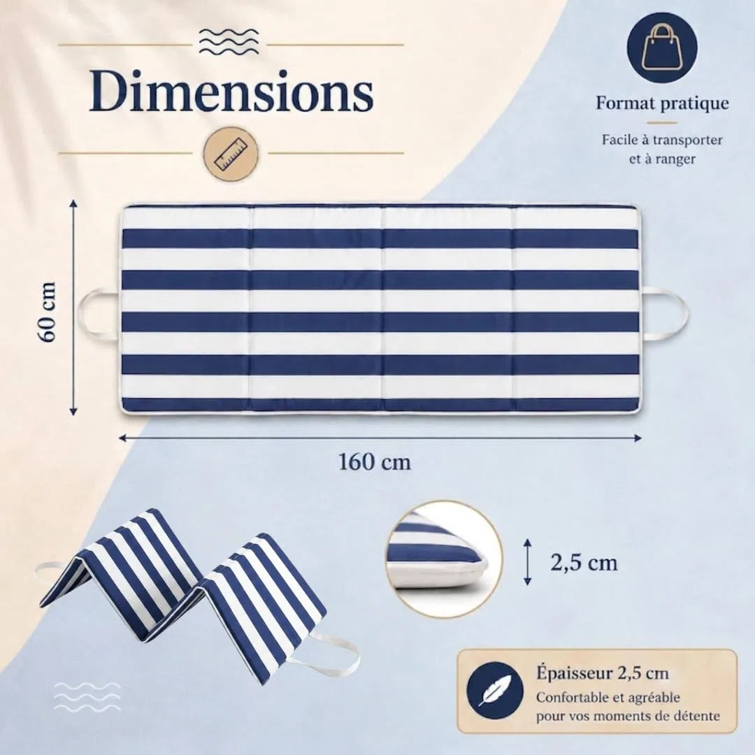 GRENADINE BOUTIQUE Matelas de Plage Pliable Sandy Rayures Bleu et Blanc 155x55 cm – Matelas Confortable Épaisseur 2,5 cm – Plage, Jardin, Camping