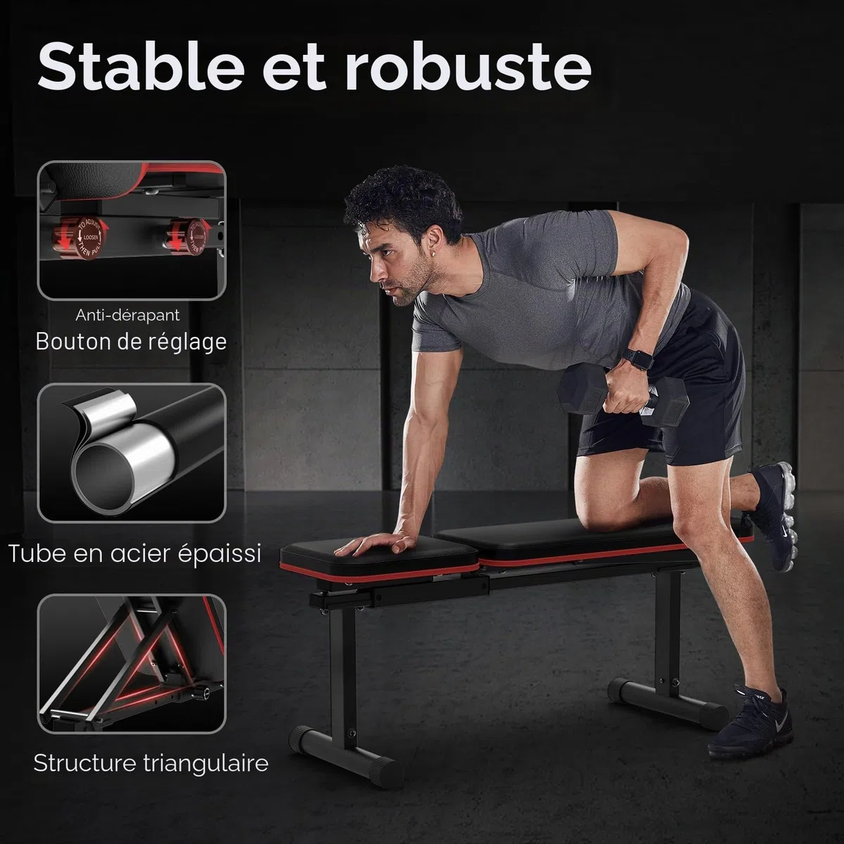 PASYOU Banc Musculation Pliable, Banc Muscu Plat et Inclinable Multi-Niveaux avec 300KG de Capacité de Charge, Réglable Banc de Musculation pour Salle de Sport à Domicile Double Cadre.