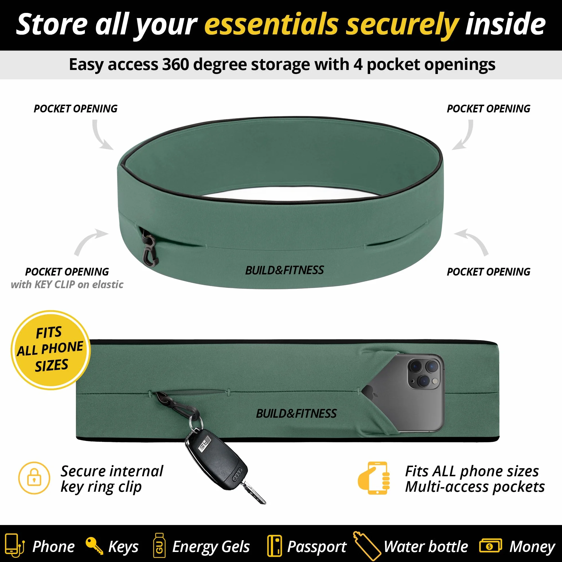 Ceinture de Course Build & Fitness, Poche à la Taille, Porte-clés intégré, Support pour téléphone. pour Hommes et Femmes. Légère, Fine et Confortable ; Compatible avec Tous Les Samsung et iPhones