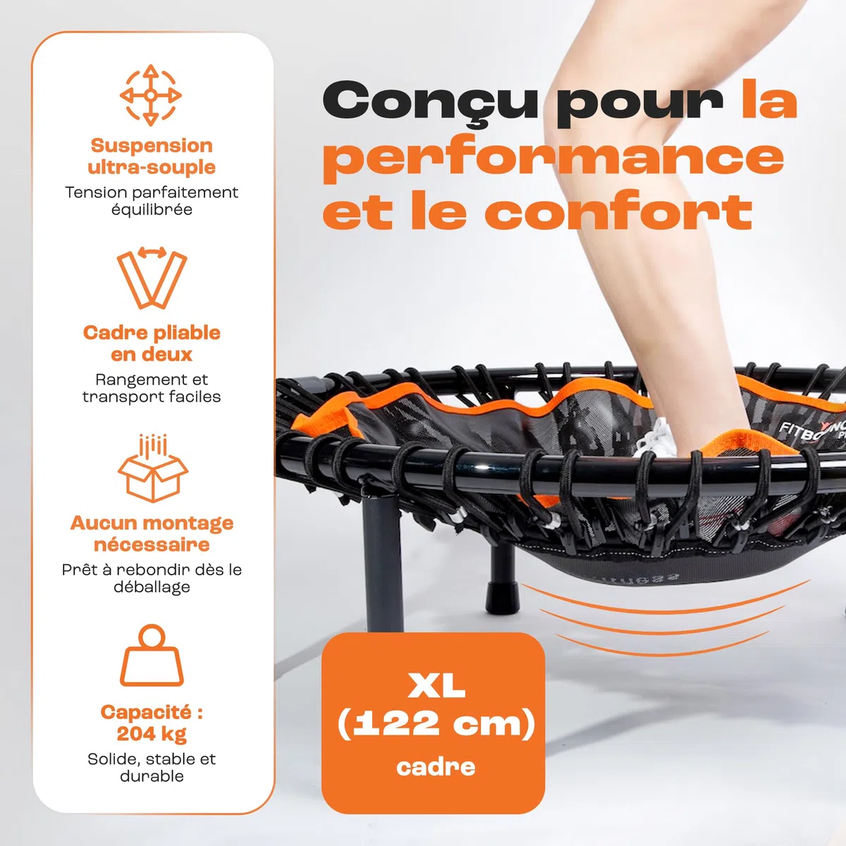 Fit Bounce Pro XL Rebounder Mini Trampoline Silencieux avec Corde élastique Appareil pour Exercice cardiovasculaire Saut, livré avec DVD et Sac de Rangement.