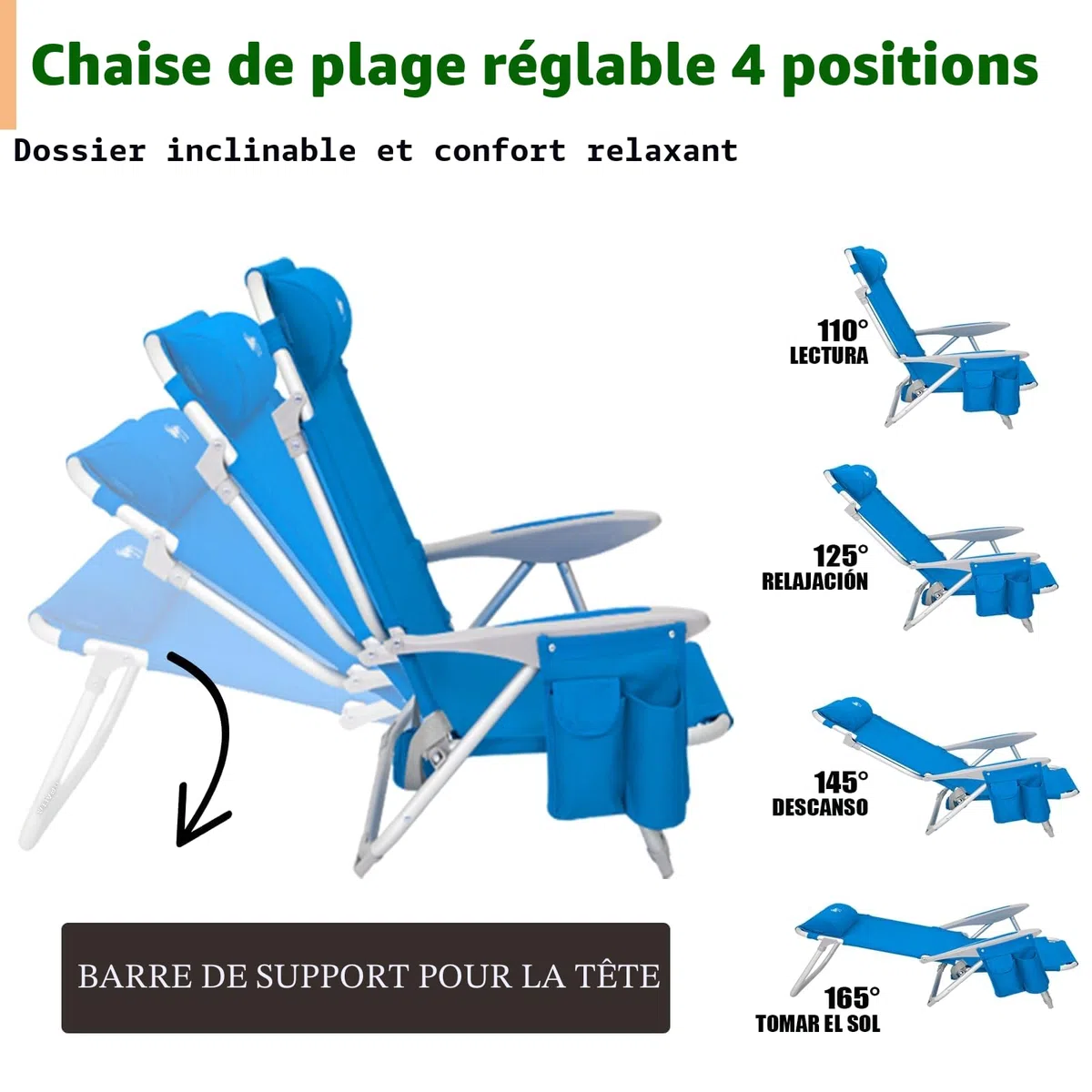 #WEJOY Chaise de Plage Pliable Fauteuil de Plage Camping à 4 Position Réglable Siege de Plage Pliante Portable Chaise Basse de Camping en Aluminium Charge 120 kg pour Voyage Pique-Nique Jardin