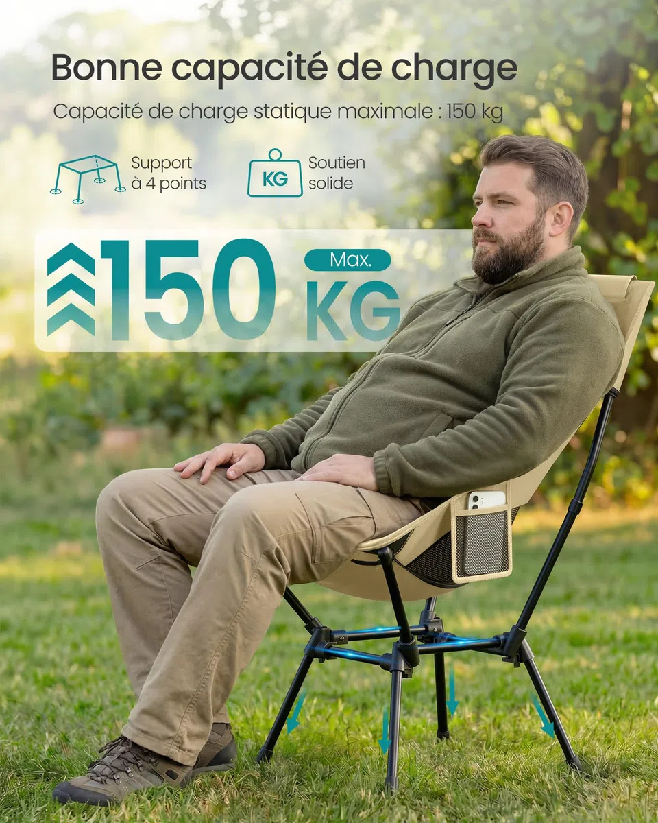 SONGMICS Chaise de Camping Dossier Haut, Chaise de Plage Pliante Hauteur Réglable, Structure en Acier, Supporte 150 kg, 2 Poches de Rangement, Appuie-Tête, pour Voyages, Marron GCB051KZ01