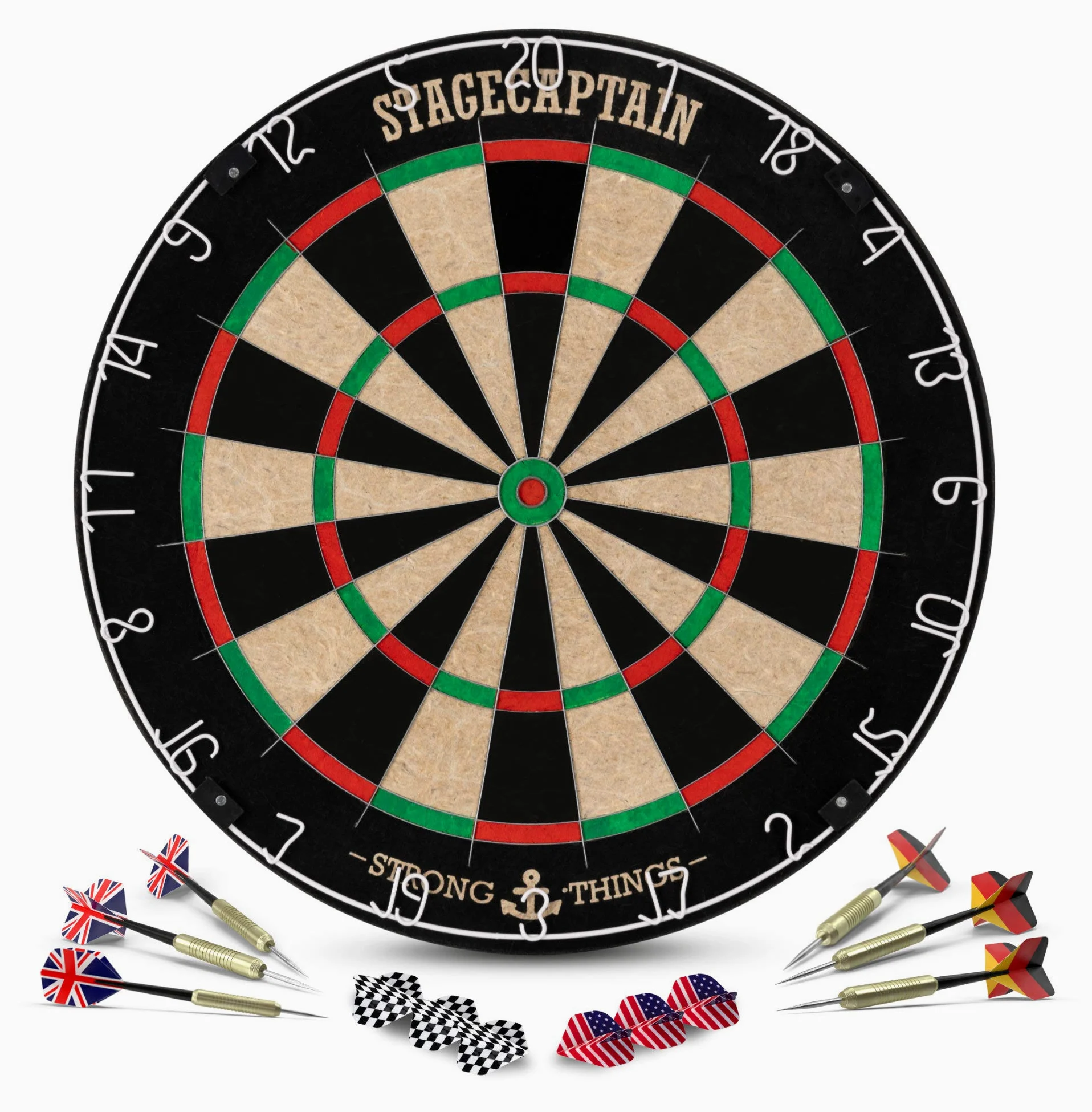 Stagecaptain DBS-1715 Bullseye Pro Cible de Fléchettes Complète - Steeldarts en Sisal, Tapis Caoutchouc, Support réglable, 6 fléchettes, 4 Sets de Flights - Or.