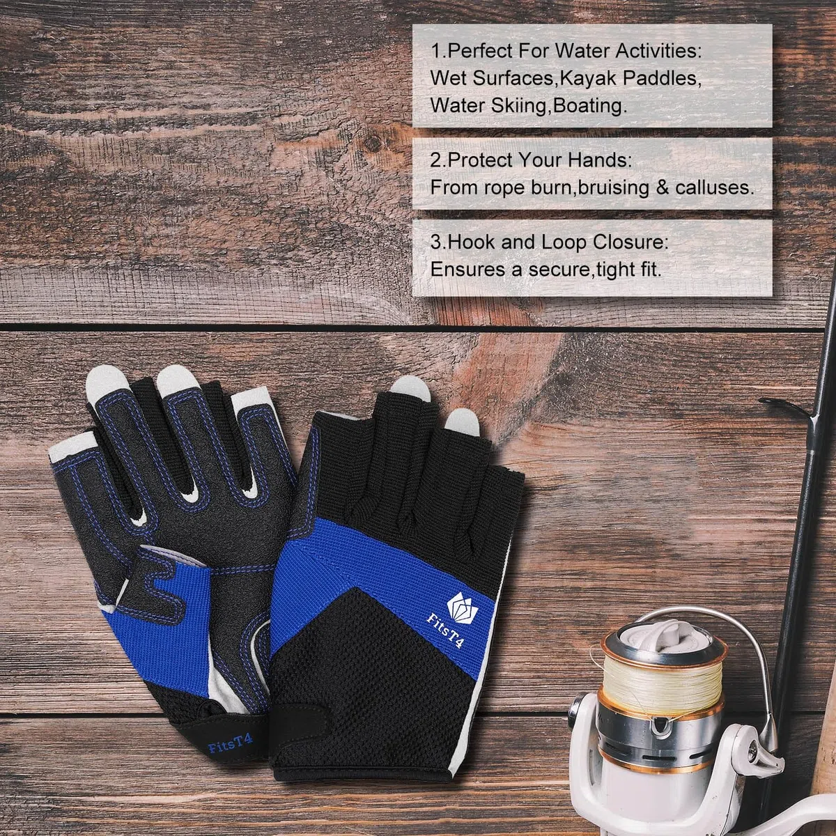 FitsT4 Sports 3/4 Doigts Paume rembourrée Dos en Maille pour Plus de Confort Parfaits pour la Voile, Le canoë, Le Kayak, Le Sup et Le Stand up Paddle
