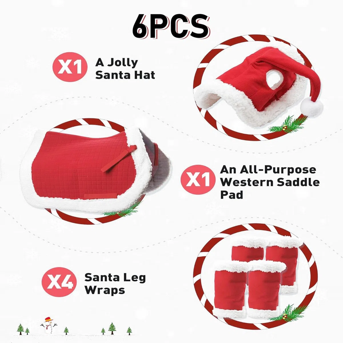 Lot De 6 Tapis De Selle De Noël Avec Fausse Fourrure, Costume De Noël En Peluche Douce, Un Chapeau De Père Noël Pour Chevaux Et Un Tapis De Selle Western Polyvalent Pour Les Fournitures De Noël.