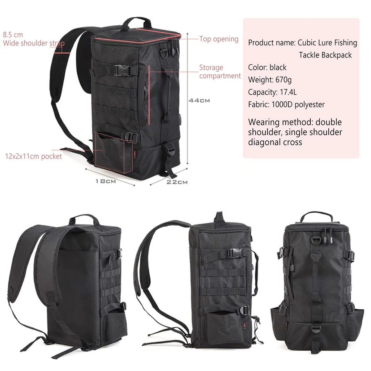 Sac à dos de pêche, 2 supports de canne à pêche, sac à dos sans 4 boîtes, grand sac de rangement de 17,4 l pour matériel de pêche, pêche à la truite, camping, randonnée, noir