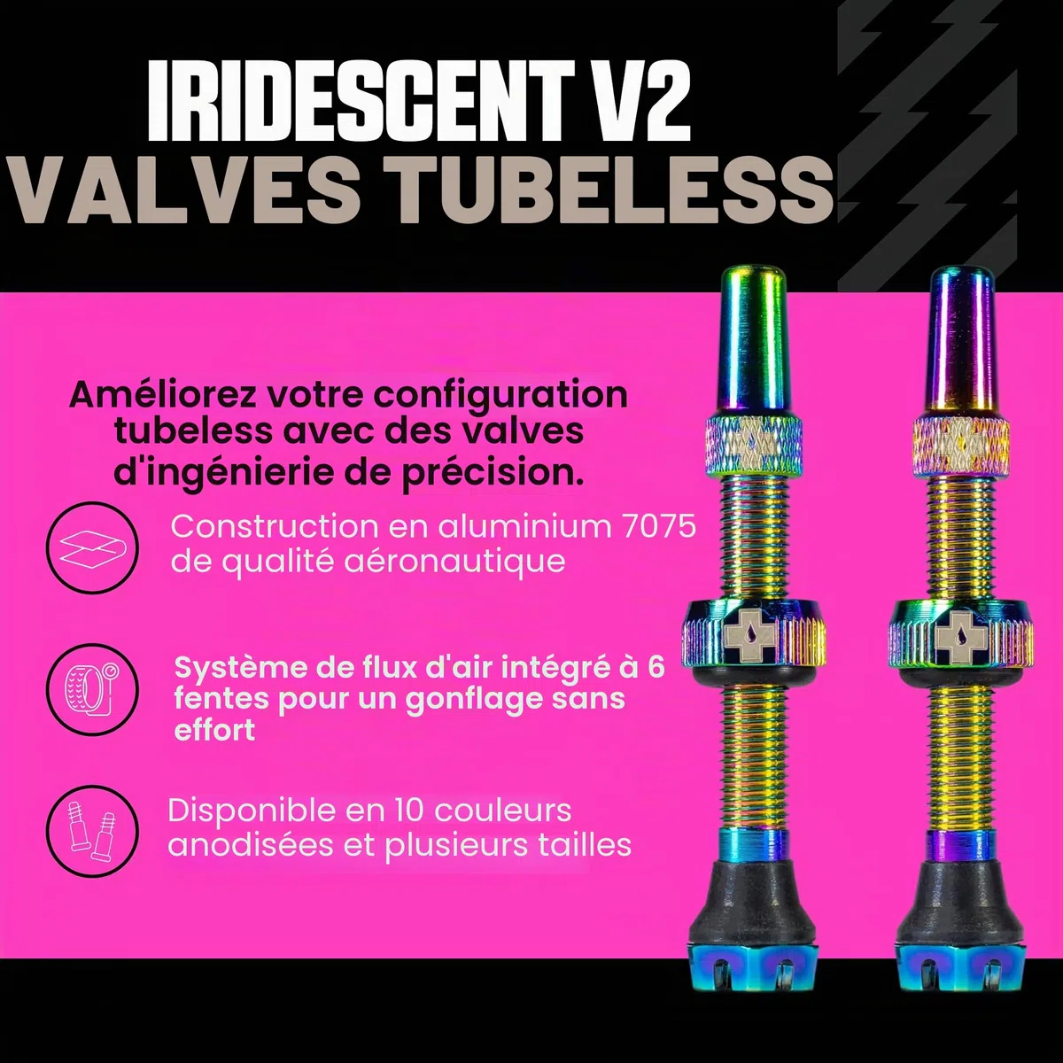 Muc-Off Valves Presta Tubeless - 44 mm - Valves de Vélo Anti-Fuite de Qualité Supérieure avec Outil Démonte-Obus de Valve Intégré - Irisé