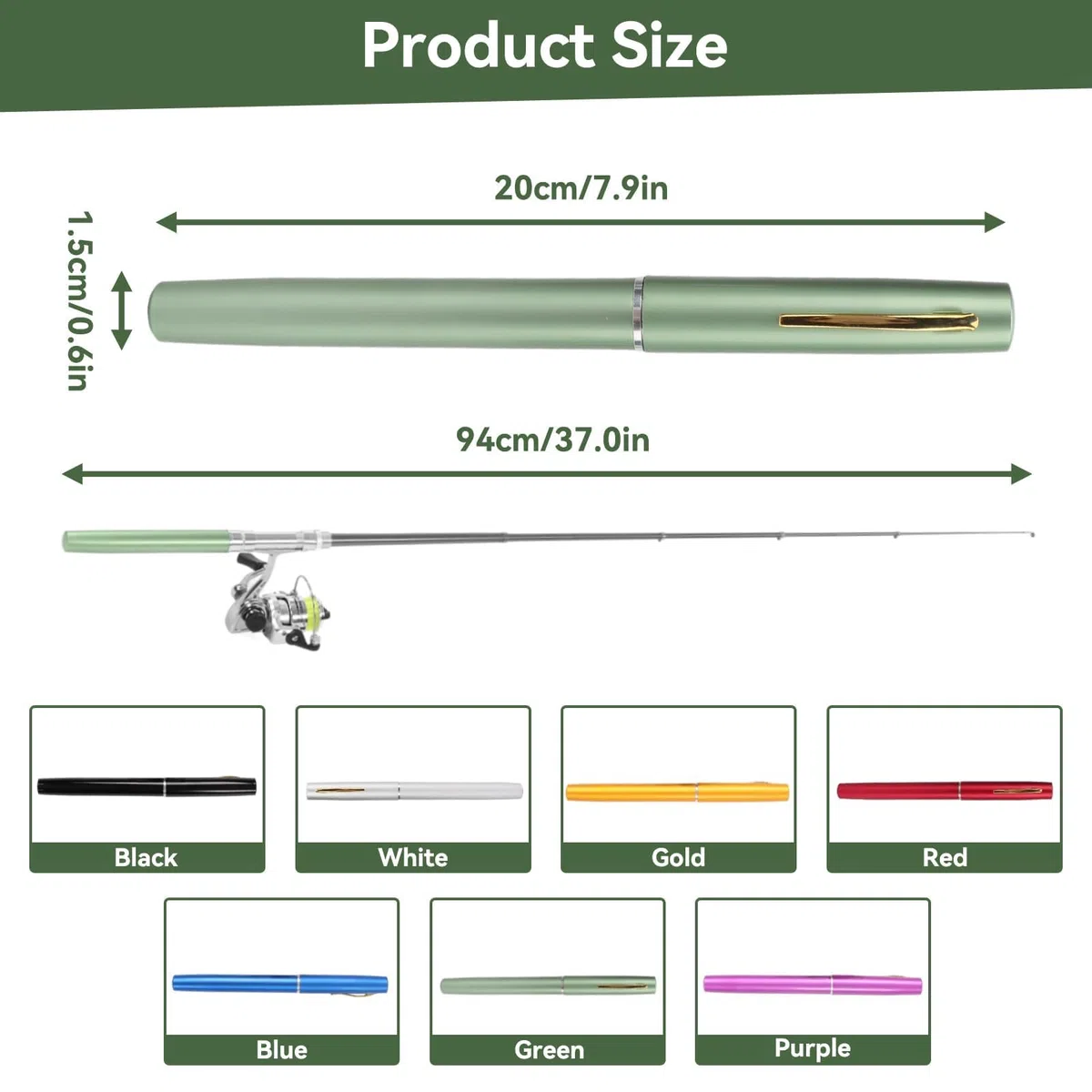 Mini canne à pêche en forme de stylo et moulinet, canne à pêche rétractable portable en forme de stylo avec roue à moulinet pour la pêche (vert)