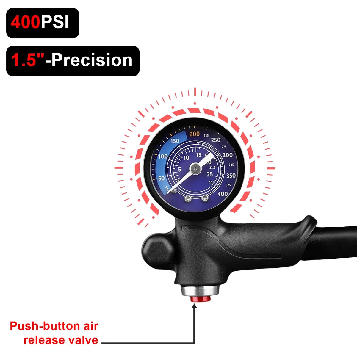Pompe de choc pour vélo haute pression (max 400 psi) 3 en 1 – Pompe à fourche à suspension, pompe à choc arrière et gonfleur de pneu, pompe à vélo avec manomètre, mini pompe portable avec valve de