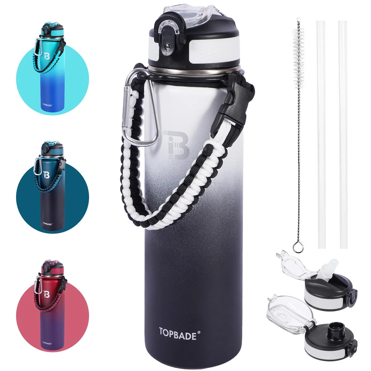 TOPBADE Gourde en acier inoxydable de 1 l, avec couvercle à paille et couvercle Chug, 1000 ml, double paroi, anti-fuite, avec poignée en paracorde amovible, pour l'école, le fitness, l'extérieur, le