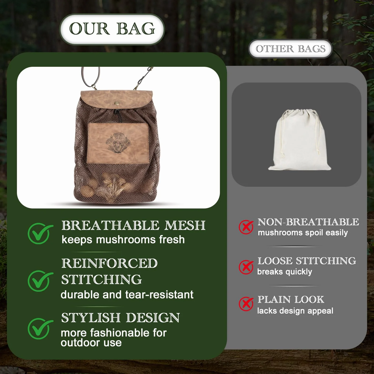 DRACHENADER Sac Champignon avec Filet Respirant – Panier Champignon Pliable, Sac de cueillette pour Champignons Frais avec bandoulière réglable