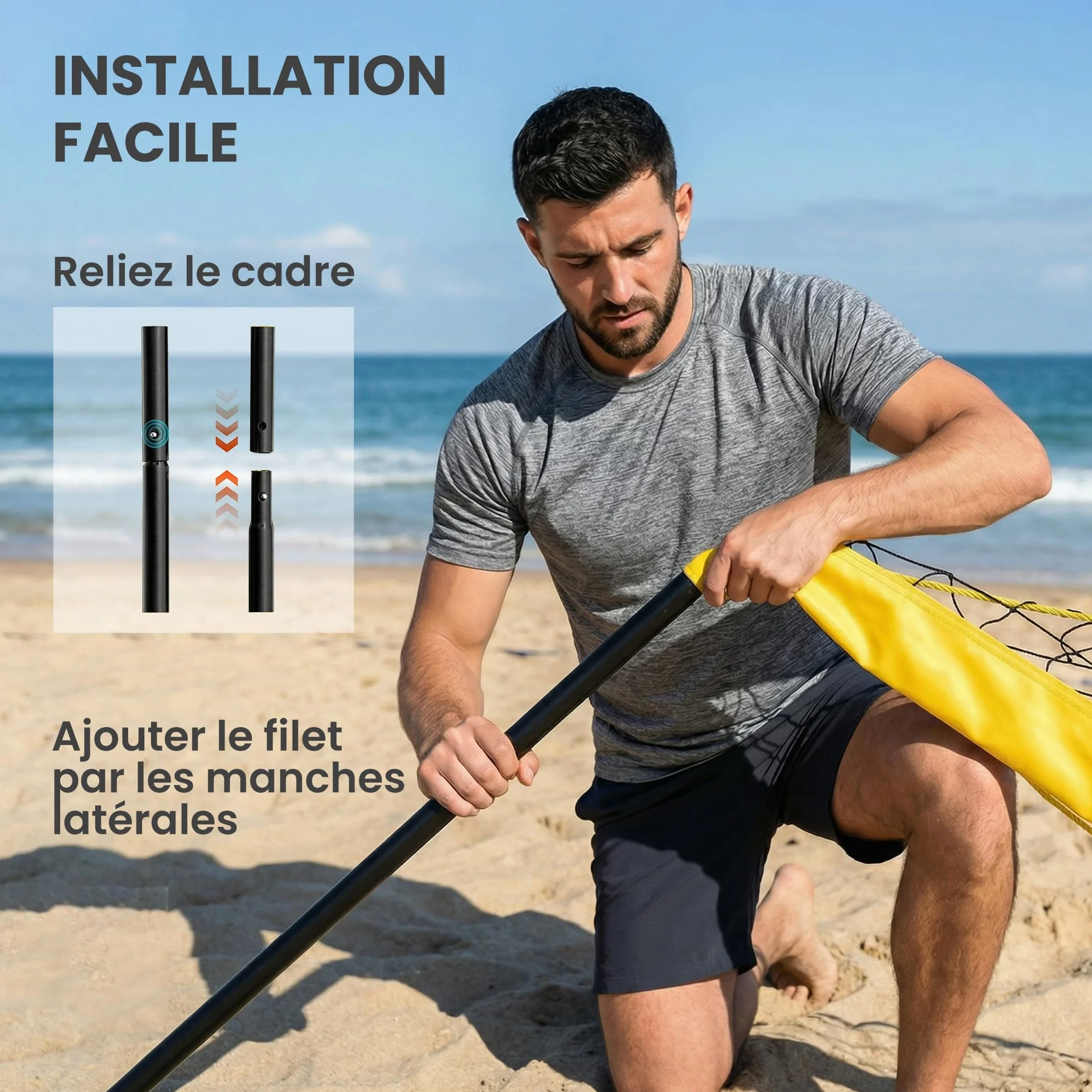 SPORTNOW Ensemble de Volley-Ball et Badminton, Poteaux en Acier Hauteur Réglable, Ballon de Volley-Ball, Filet Badminton Portable, 4 Raquettes, 4 Volants, Sac de Transport, pour Pelouse Plage Jardin
