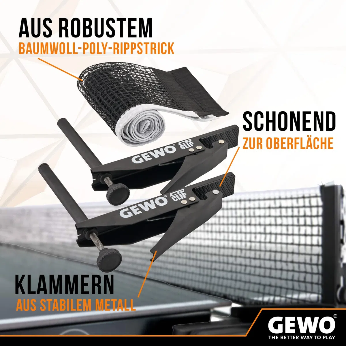 GEWO CS Clip - Filet de Tennis de Table Robuste pour Table de ping-Pong - Garniture en métal à Clipser avec vis de réglage en Hauteur et Structure en Maille résistante - Noir - 183 cm de Long