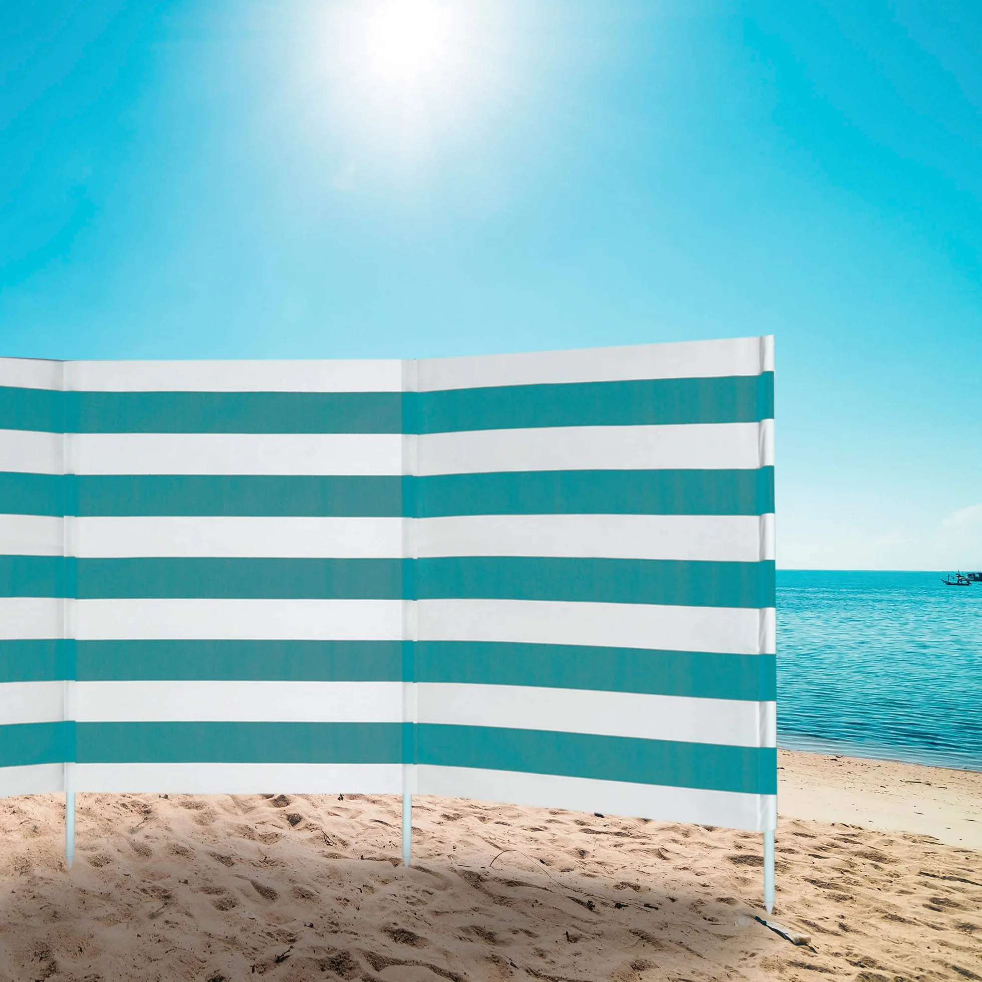 AKTIVE Beach - Paravent Plage en Polyester avec Tiges en Acier, Paravent Extérieur 2 Places, Polyester, avec Sac de Transport, 480 X 84 cm, Bleu Lisse ou Blanc avec Rayures Vert Eau