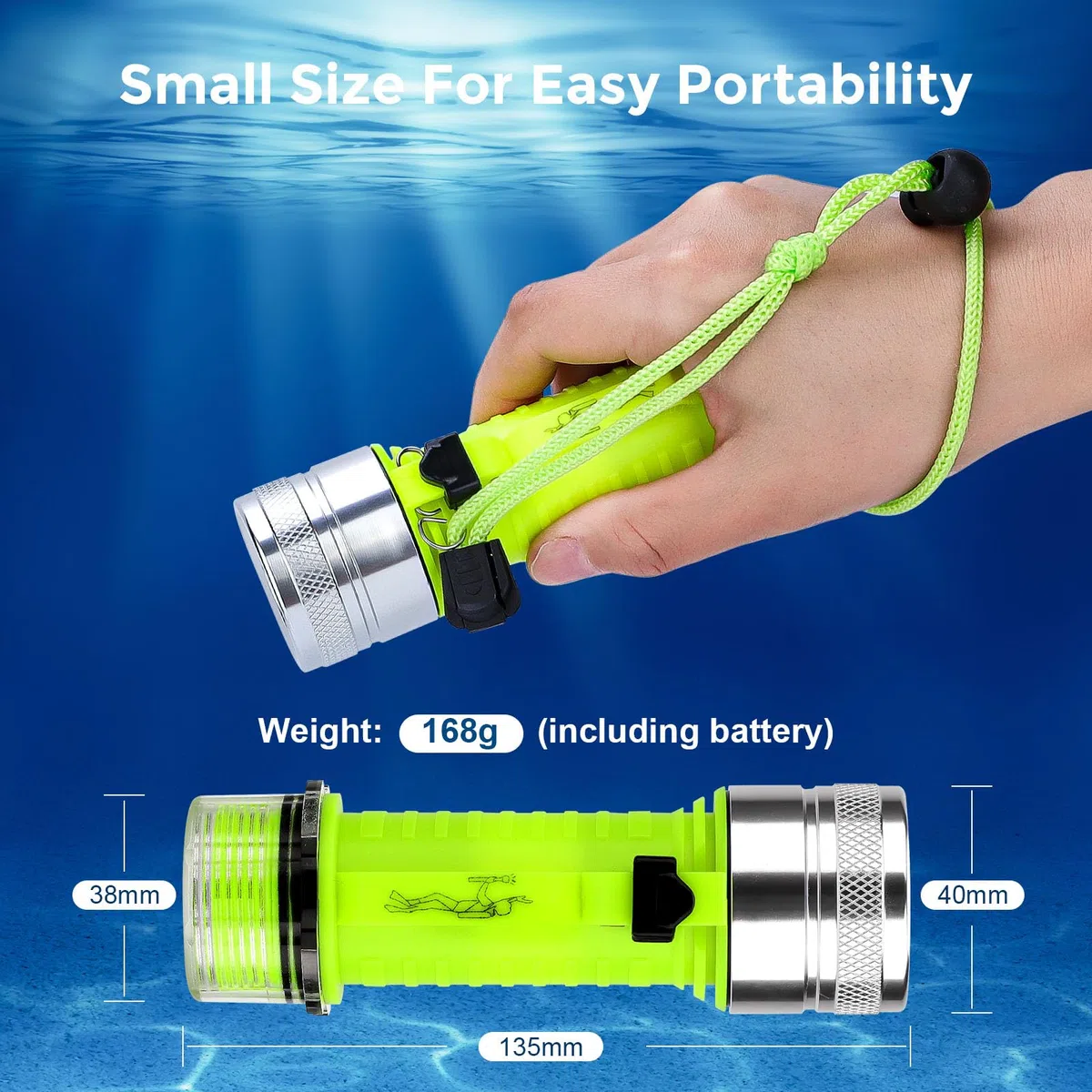 Lampe de plongée, 1500 Lumen Lampe de Poche LED Rechargeable, 3 Modes IPX8 Étanche, Lampe sous Marine 80 m sous l'eau avec lanière pour la Pêche de Nuit, Les Sports sous-Marins